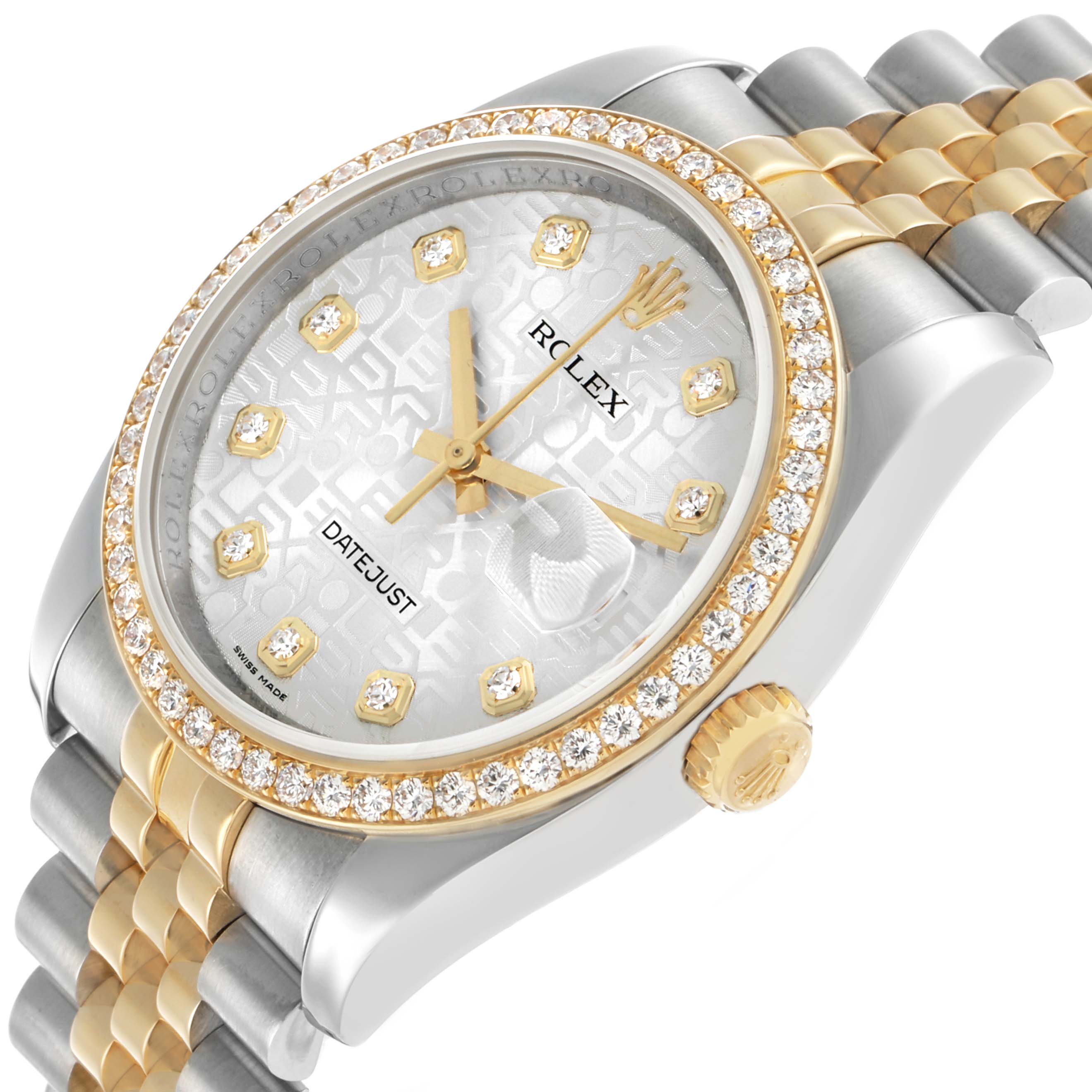 The Rolex Datejust 116243 Men's Steel and Gold (two tone) Silver Dial watch is shown at an angled view highlighting the dial, bezel, crown, and part of the bracelet.