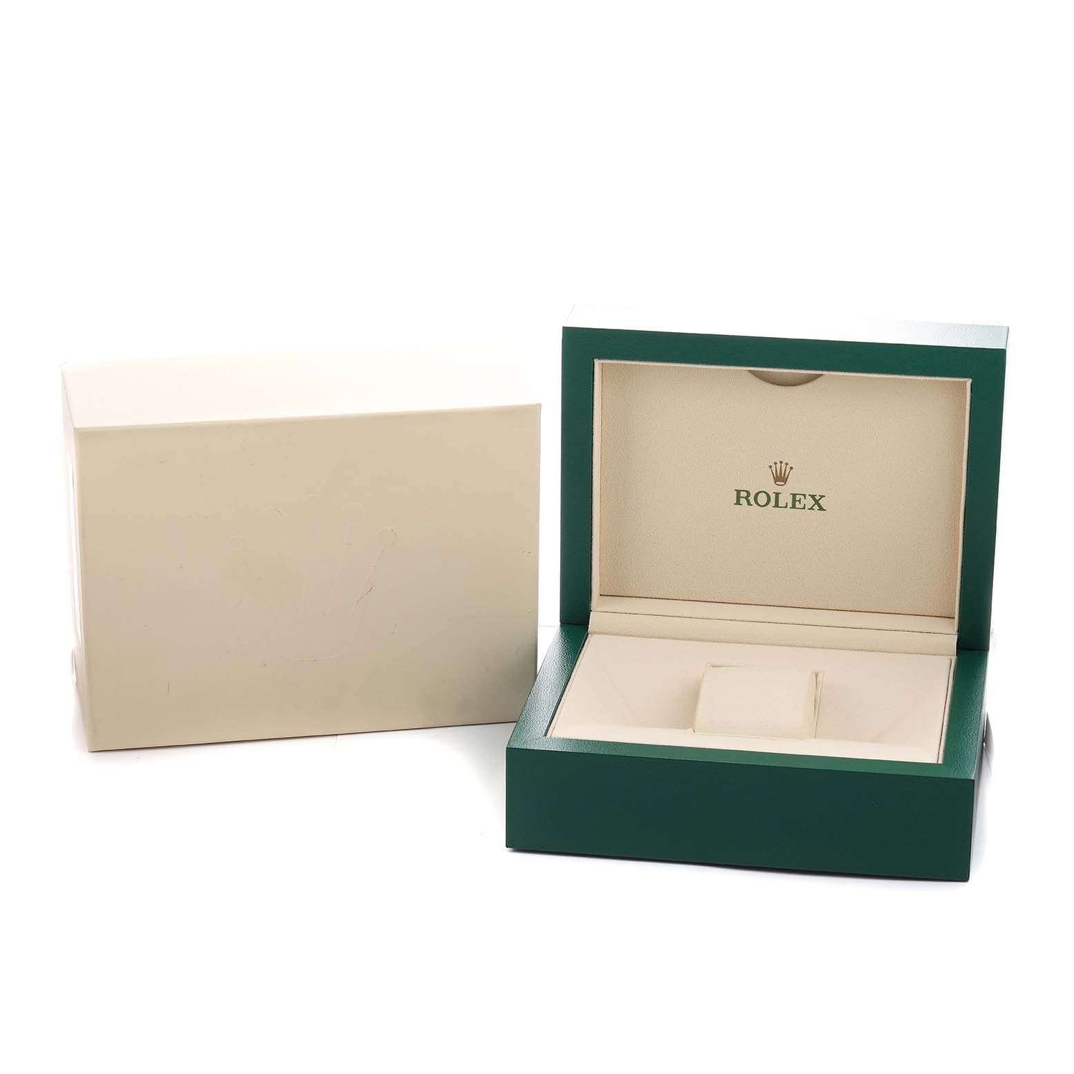 The image shows an open Rolex Datejust 116243 Men's Steel and Gold (two tone) Silver Dial watch box with its beige interior and green exterior, alongside a matching outer box.