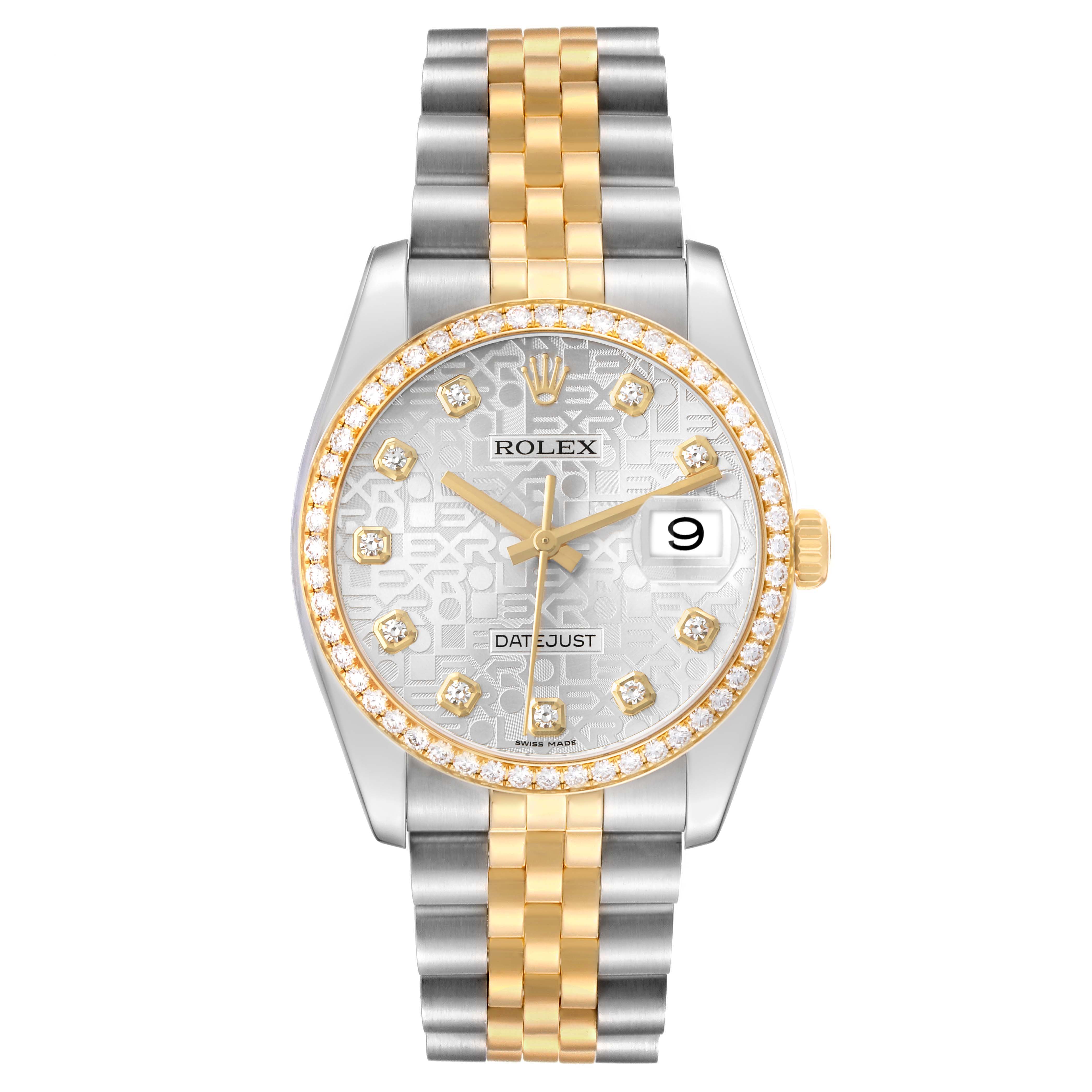 The Rolex Datejust 116243 Men's Steel and Gold (two tone) Silver Dial watch is shown from a top-down angle, displaying its face, bezel, and bracelet in gold and silver tones.