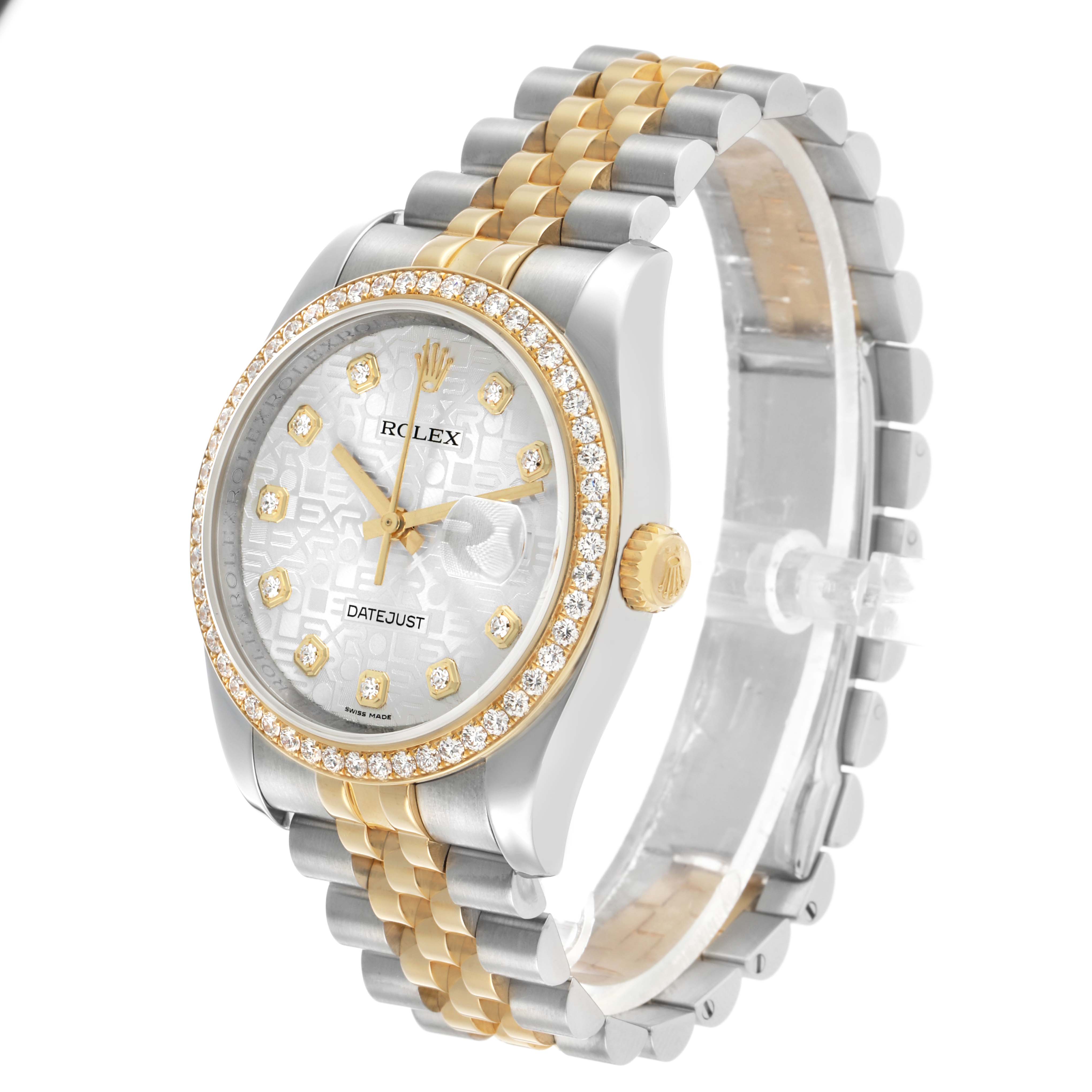 The image shows a Rolex Datejust 116243 Men's Steel and Gold (two tone) Silver Dial watch at a three-quarter angle, highlighting its face, bezel, crown, and bracelet.