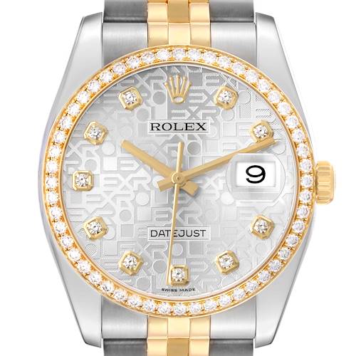 The Rolex Datejust 116243 Men's Steel and Gold (two tone) Silver Dial watch is shown from the front, highlighting its diamond bezel, dial, and two-tone bracelet.