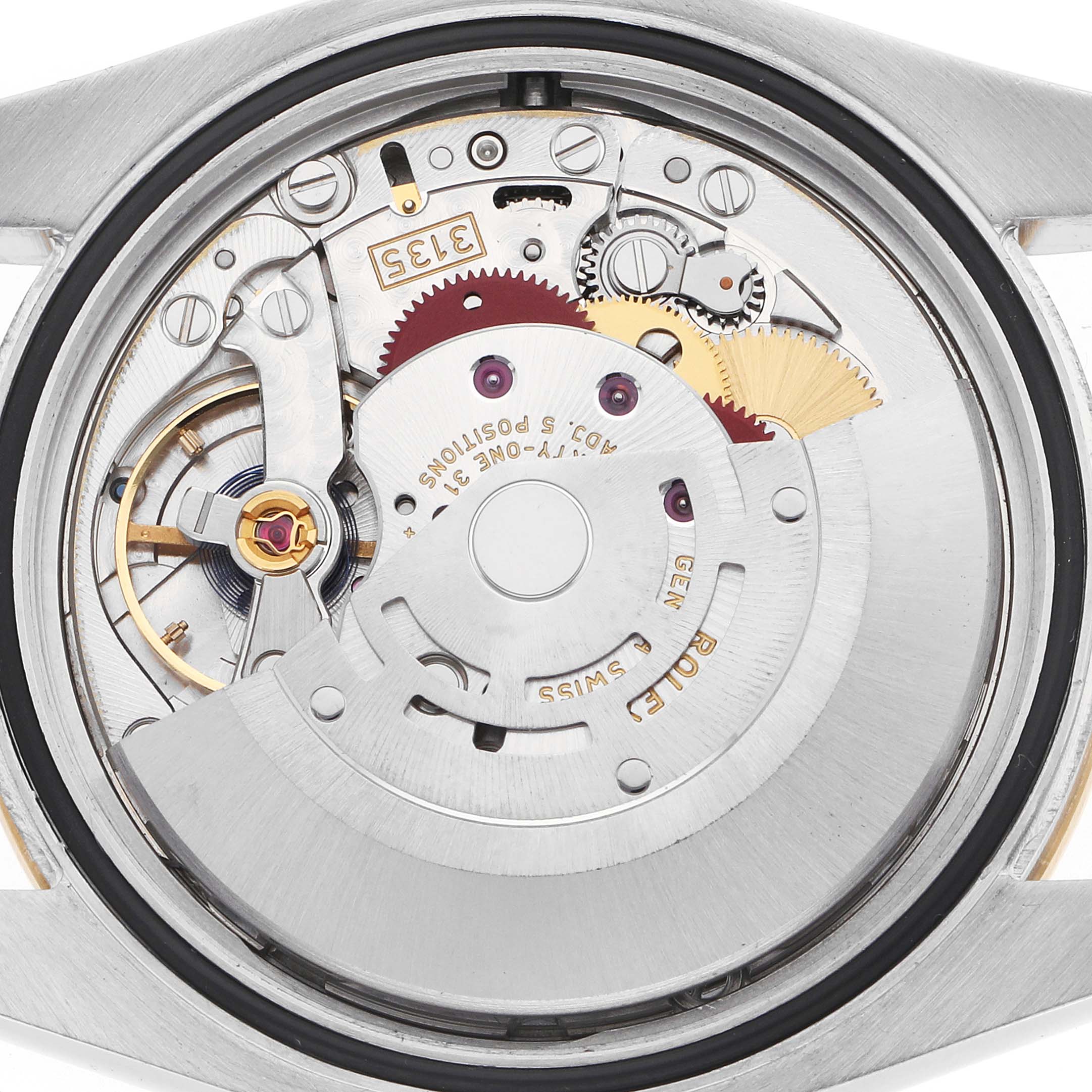 The image shows the back view of a Rolex Datejust 116243 Men's Steel and Gold (two tone) Silver Dial watch, highlighting its intricate movement and components.