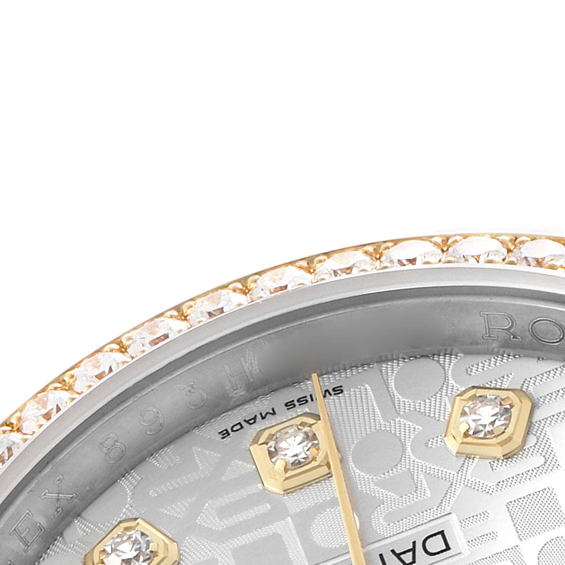 The image shows a close-up of the Rolex Datejust 116243 Men's Steel and Gold (two tone) Silver Dial watch, highlighting the diamond-set bezel, dial with diamond markers, and "Swiss Made" text.