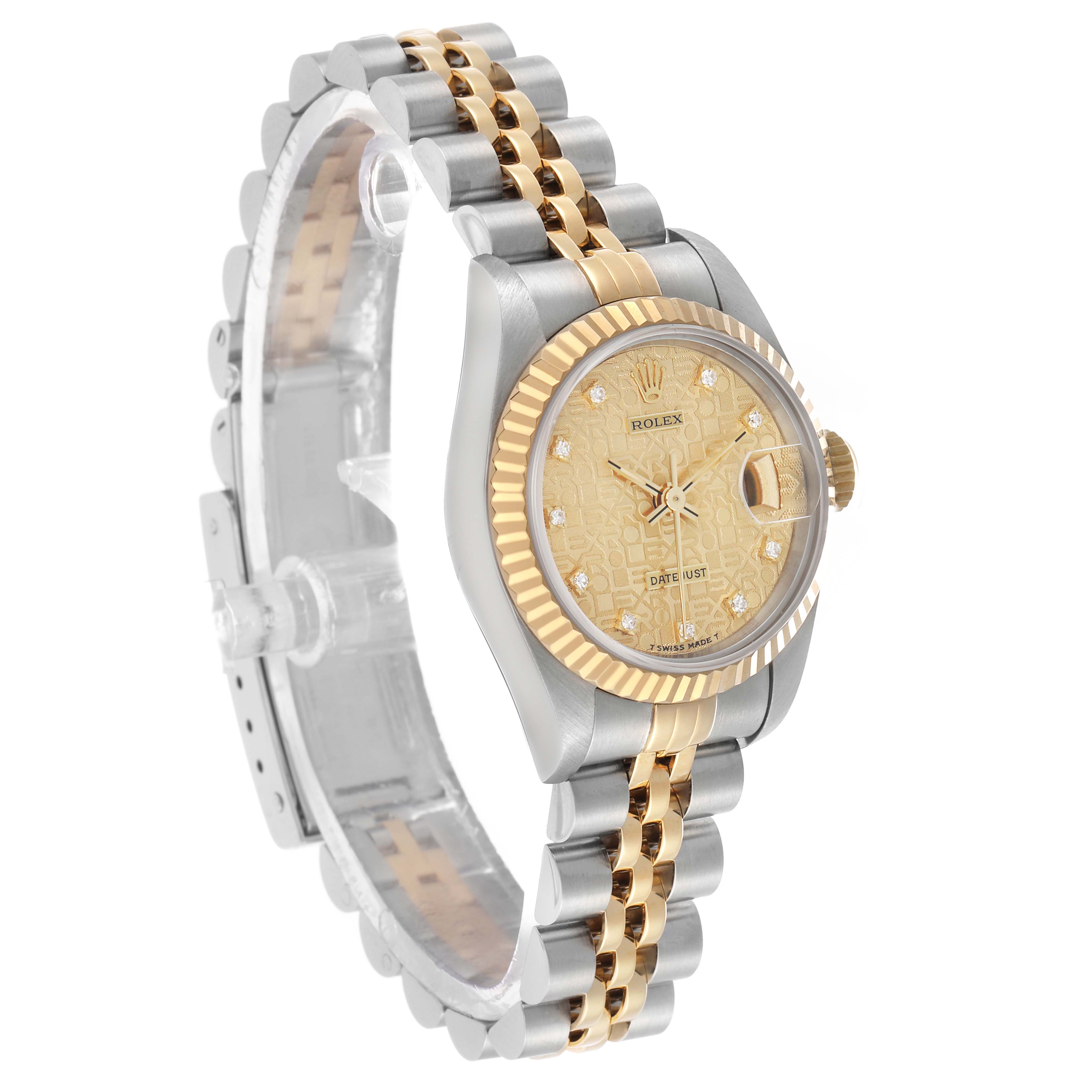 The Rolex Datejust 69173 Women's Steel and Gold (two tone) Champagne Dial watch is shown at a three-quarter angle, displaying its dial, bezel, crown, and bracelet.