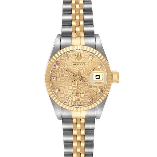 This Rolex Datejust 69173 Women's Steel and Gold (two tone) Champagne Dial watch is shown from a front angle, highlighting its gold dial, bezel, and two-tone bracelet.