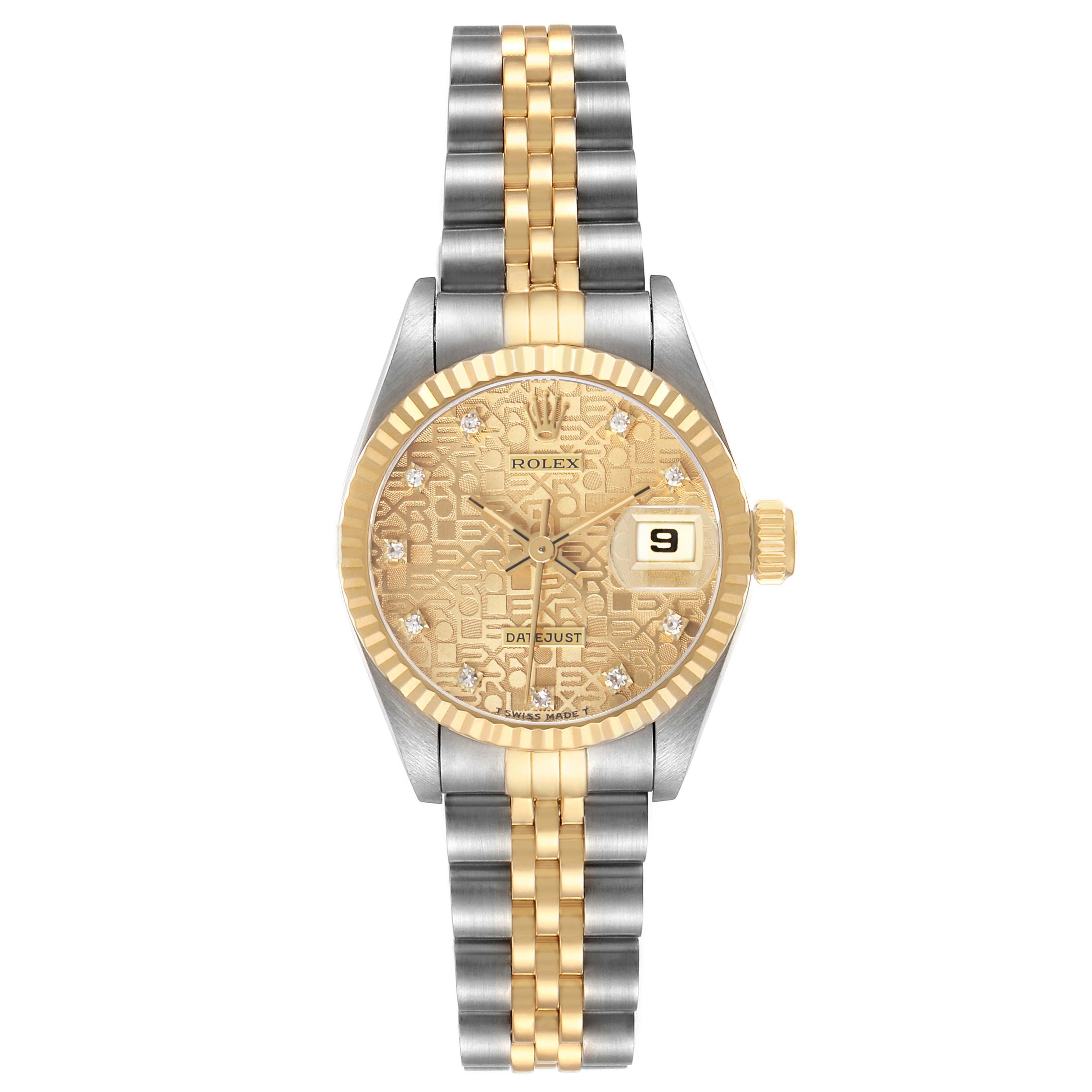 The Rolex Datejust 69173 Women's Steel and Gold (two tone) Champagne Dial watch is shown from the front, displaying the dial, bezel, and two-tone bracelet.