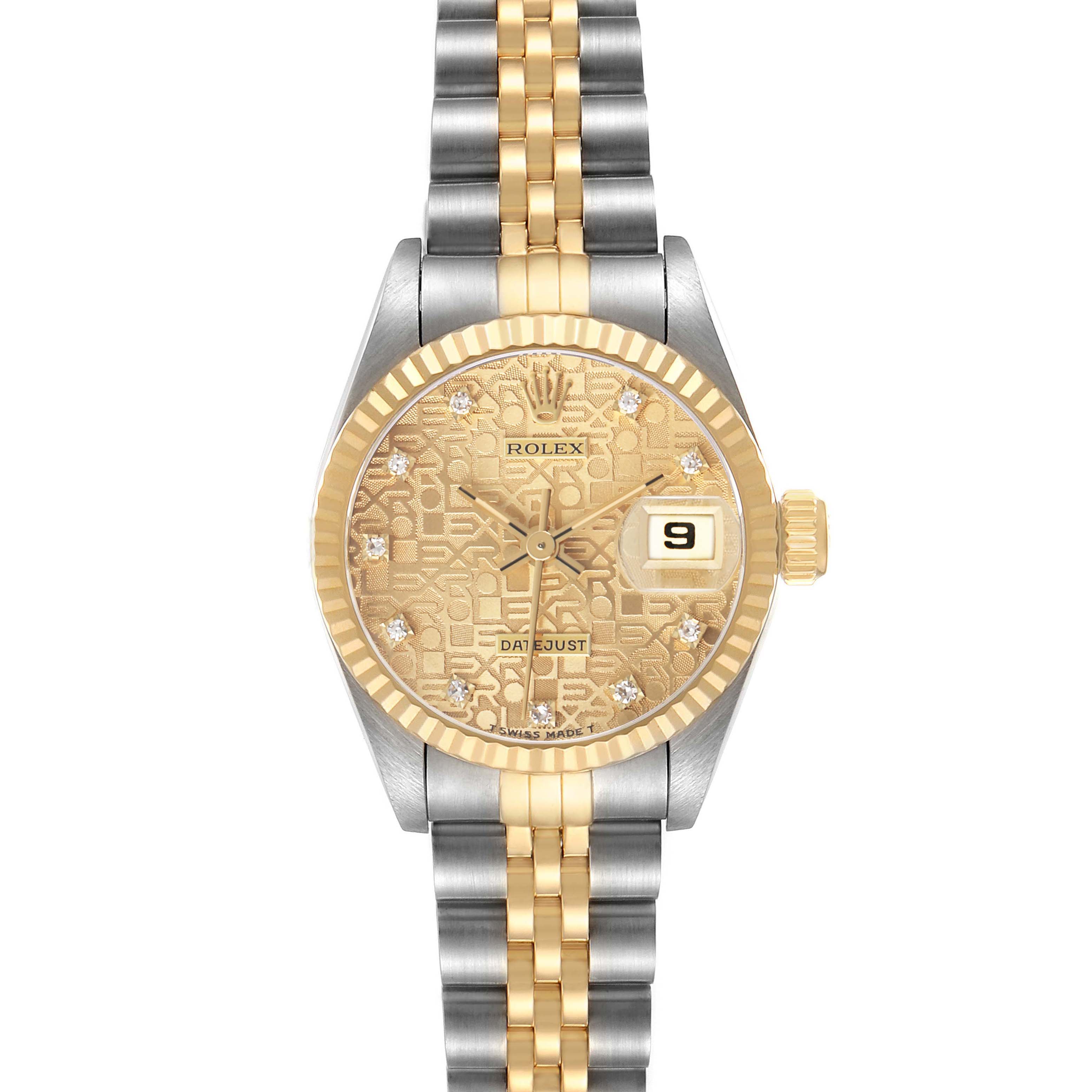 The Rolex Datejust 69173 Women's Steel and Gold (two tone) Champagne Dial watch is shown in a front view, highlighting the dial, bezel, and jubilee bracelet.