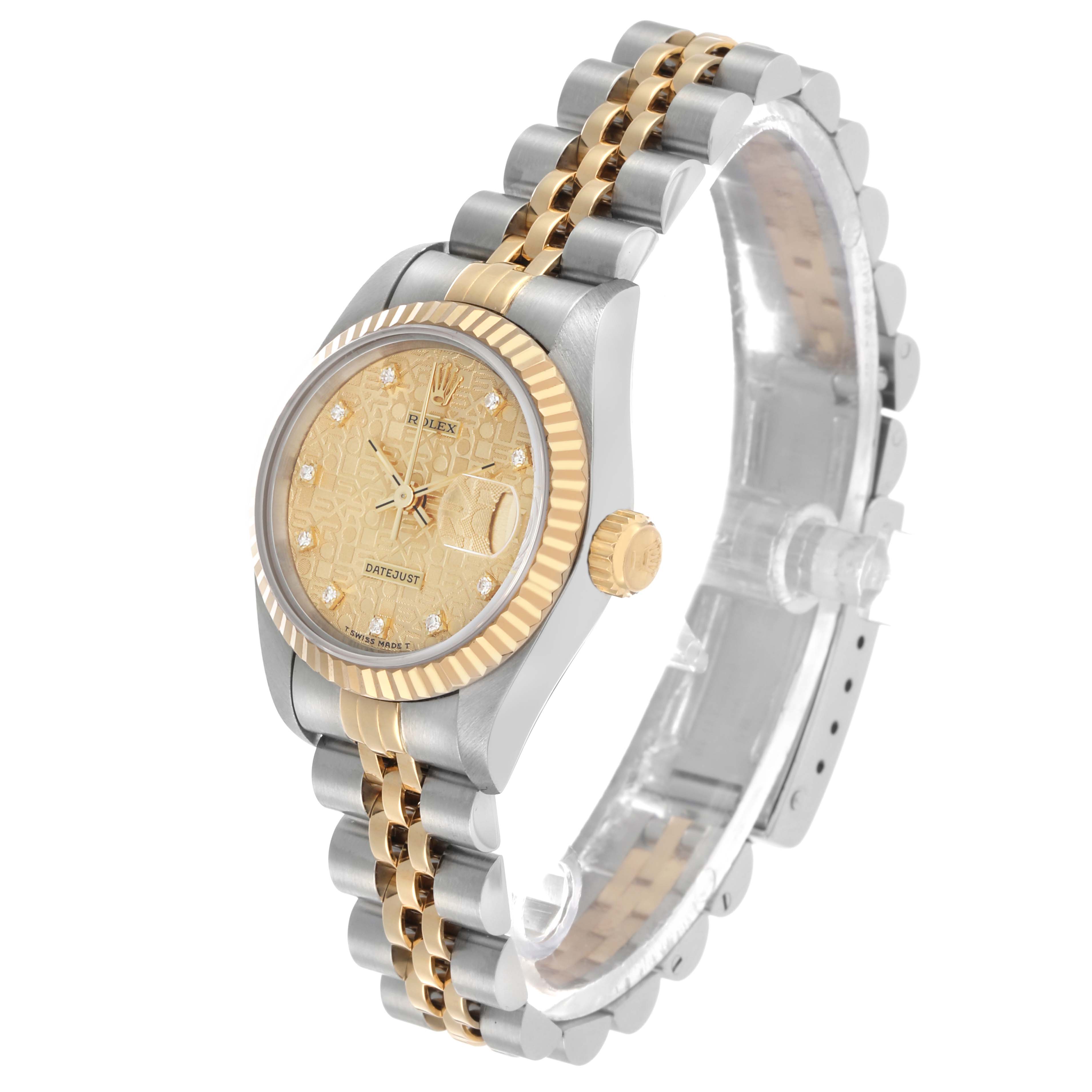 The Rolex Datejust 69173 Women's Steel and Gold (two tone) Champagne Dial is shown at a three-quarter angle, highlighting the dial, bezel, crown, and bracelet.