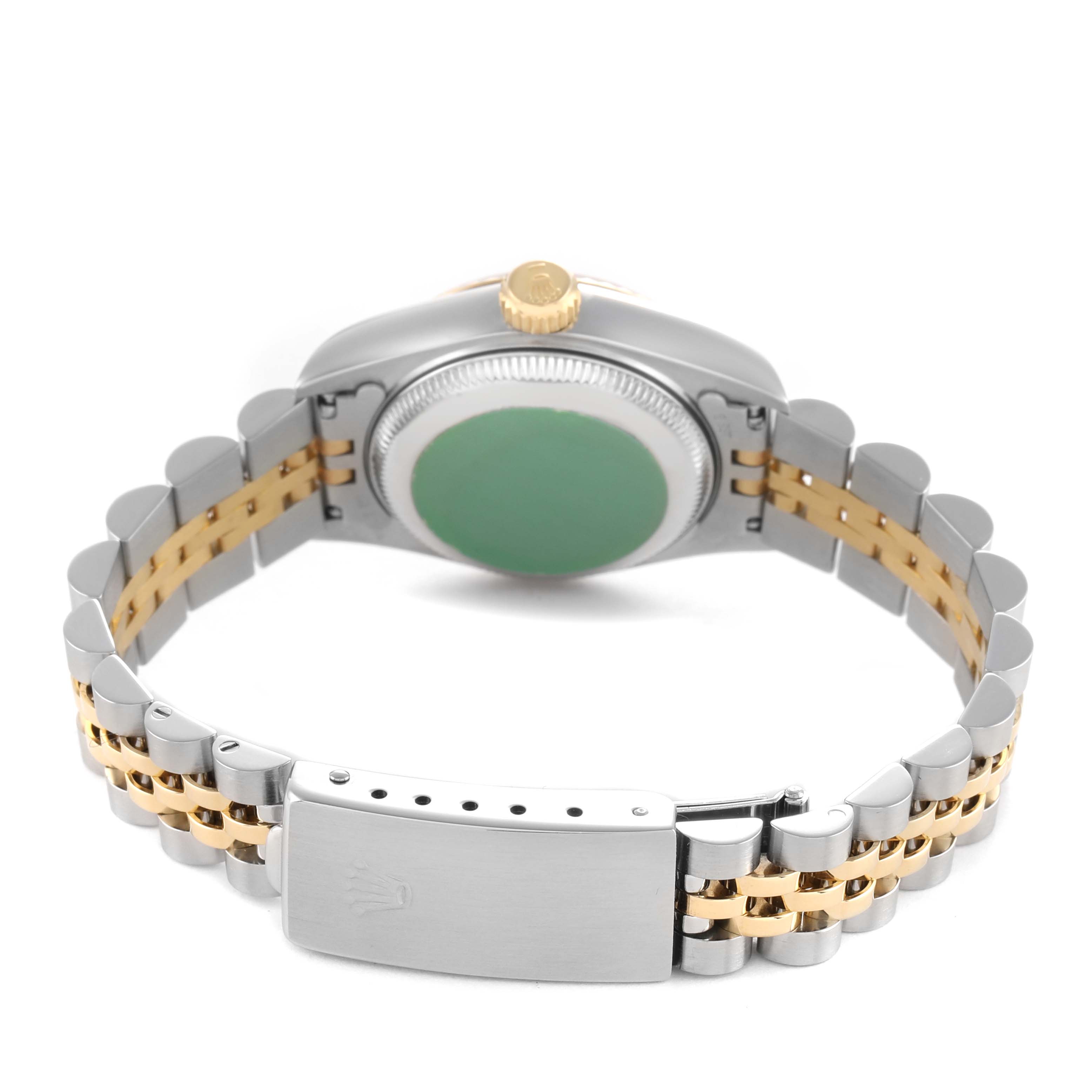 The image shows the back view of a Rolex Datejust 69173 Women's Steel and Gold (two tone) Champagne Dial watch, highlighting the clasp, case back, and two-tone bracelet.