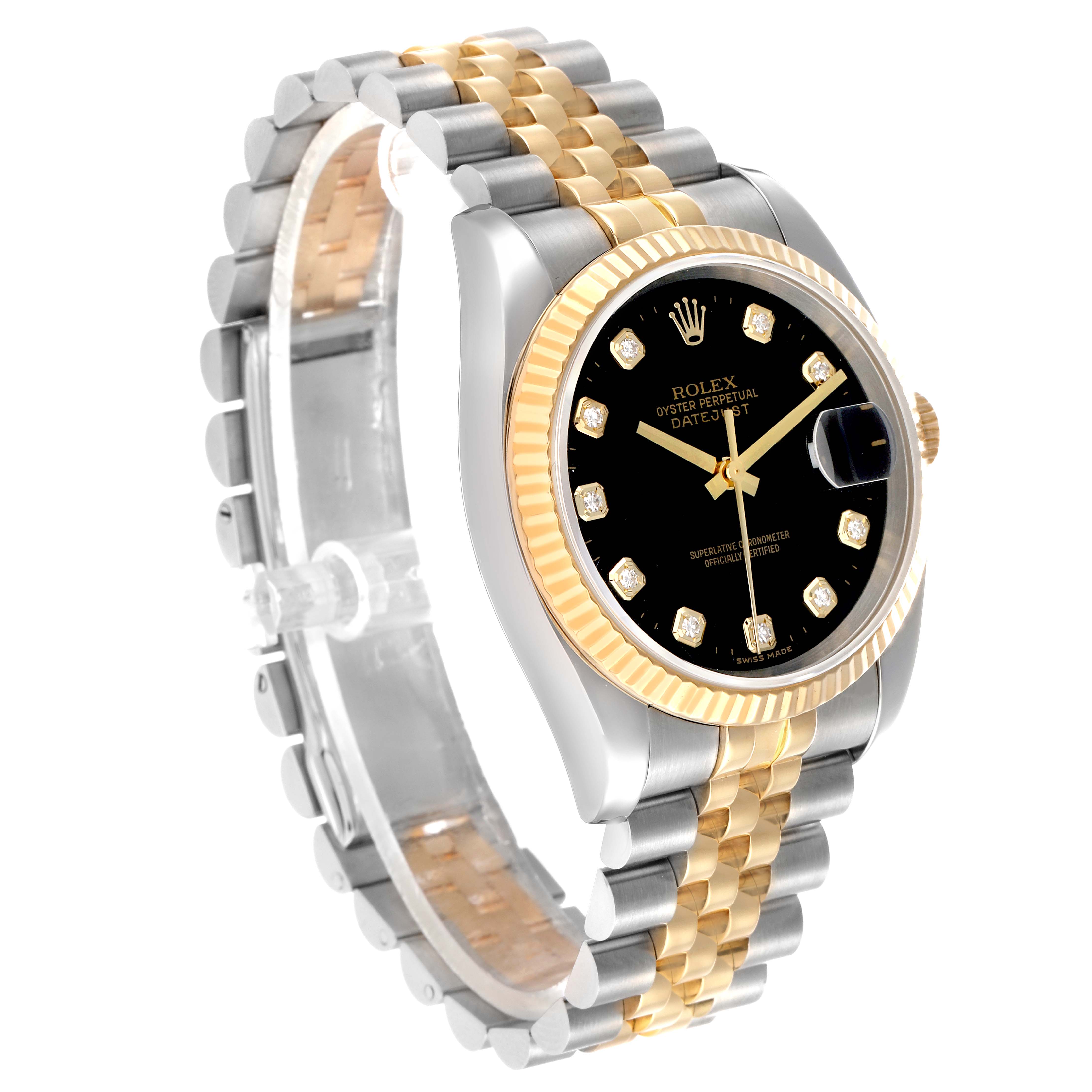The Rolex Datejust 116233 Men's Steel and Gold (two tone) Black Dial watch is shown at a three-quarter angle, highlighting the black dial, gold fluted bezel, and two-tone bracelet.