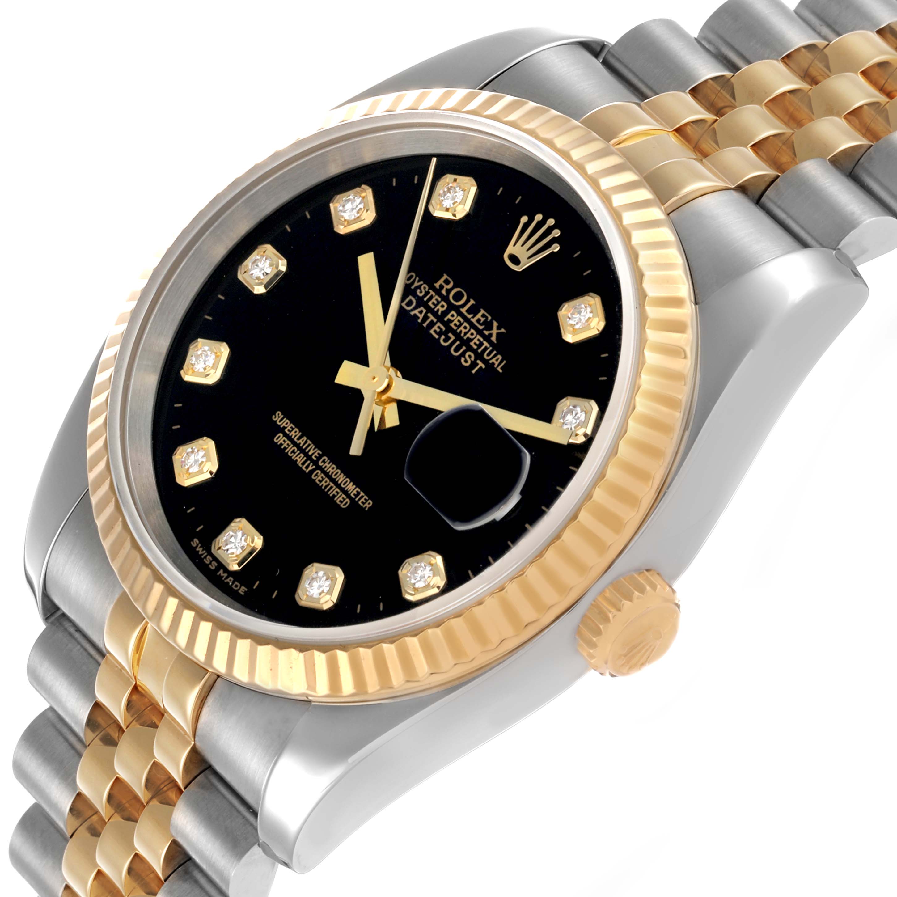 The Rolex Datejust 116233 Men's Steel and Gold (two tone) Black Dial watch is shown at a slight angle, highlighting the black dial, gold fluted bezel, and Jubilee bracelet.