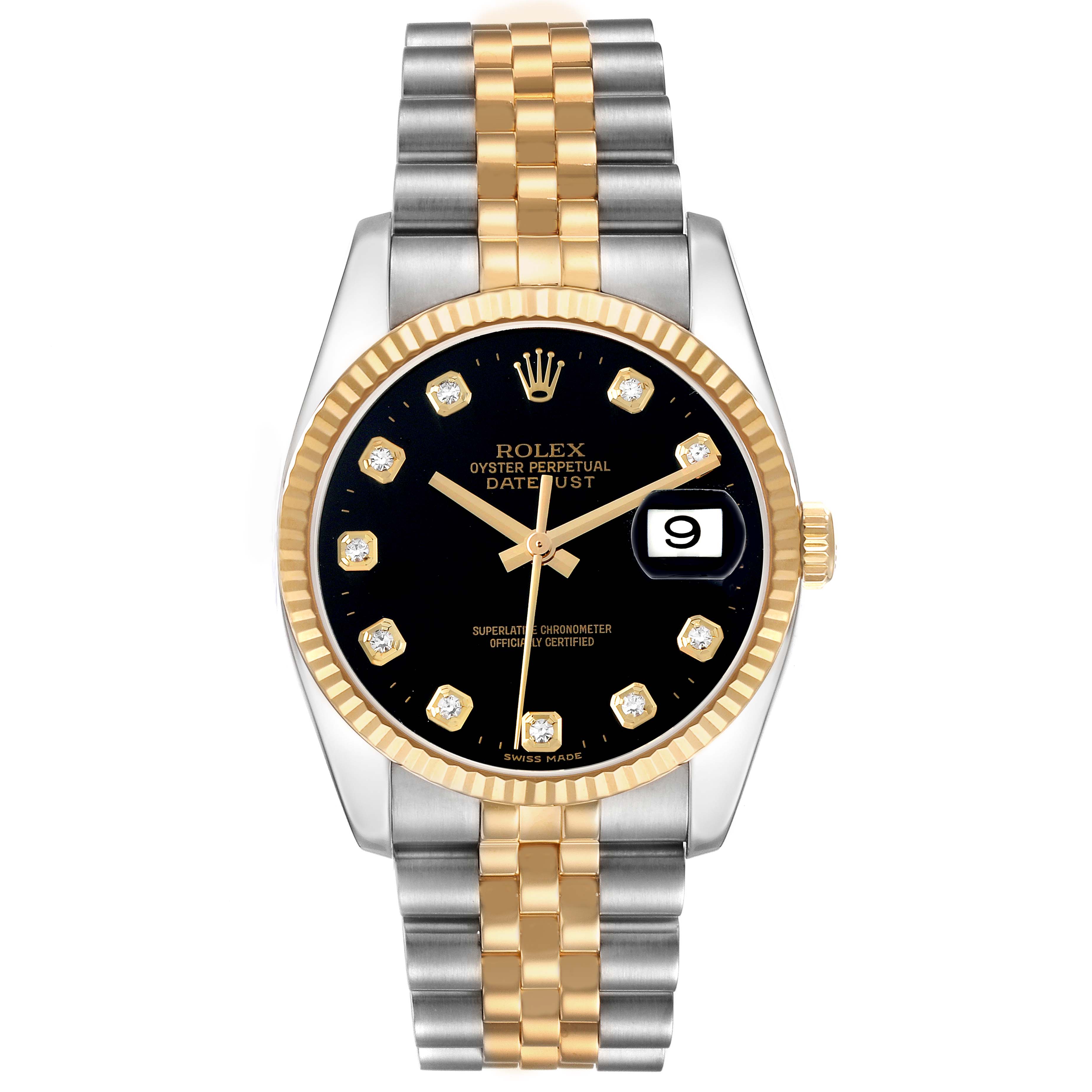 The Rolex Datejust 116233 Men's Steel and Gold (two tone) Black Dial watch is shown from a front angle, featuring a two-tone bracelet and a black dial with diamond hour markers.