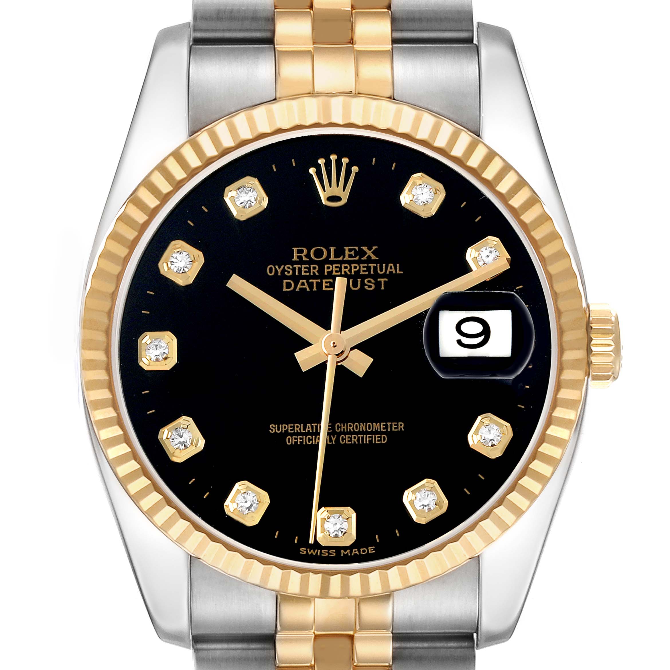 The image shows a front view of a Rolex Datejust 116233 Men's Steel and Gold (two tone) Black Dial watch, highlighting the face, bezel, and part of the bracelet.