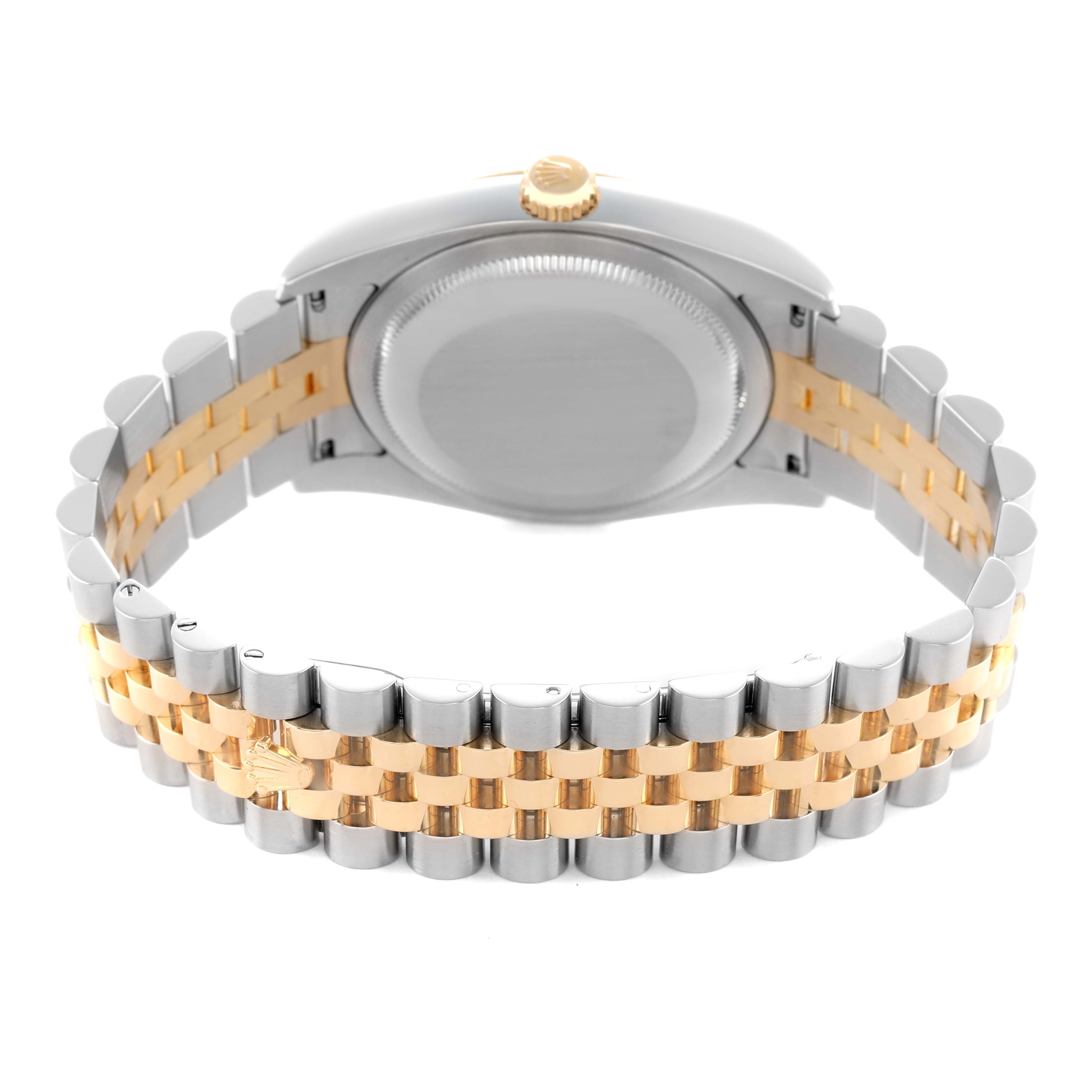 The Rolex Datejust 116233 Men's Steel and Gold (two tone) Black Dial watch is shown from the back, highlighting the case back and two-tone bracelet in steel and gold.