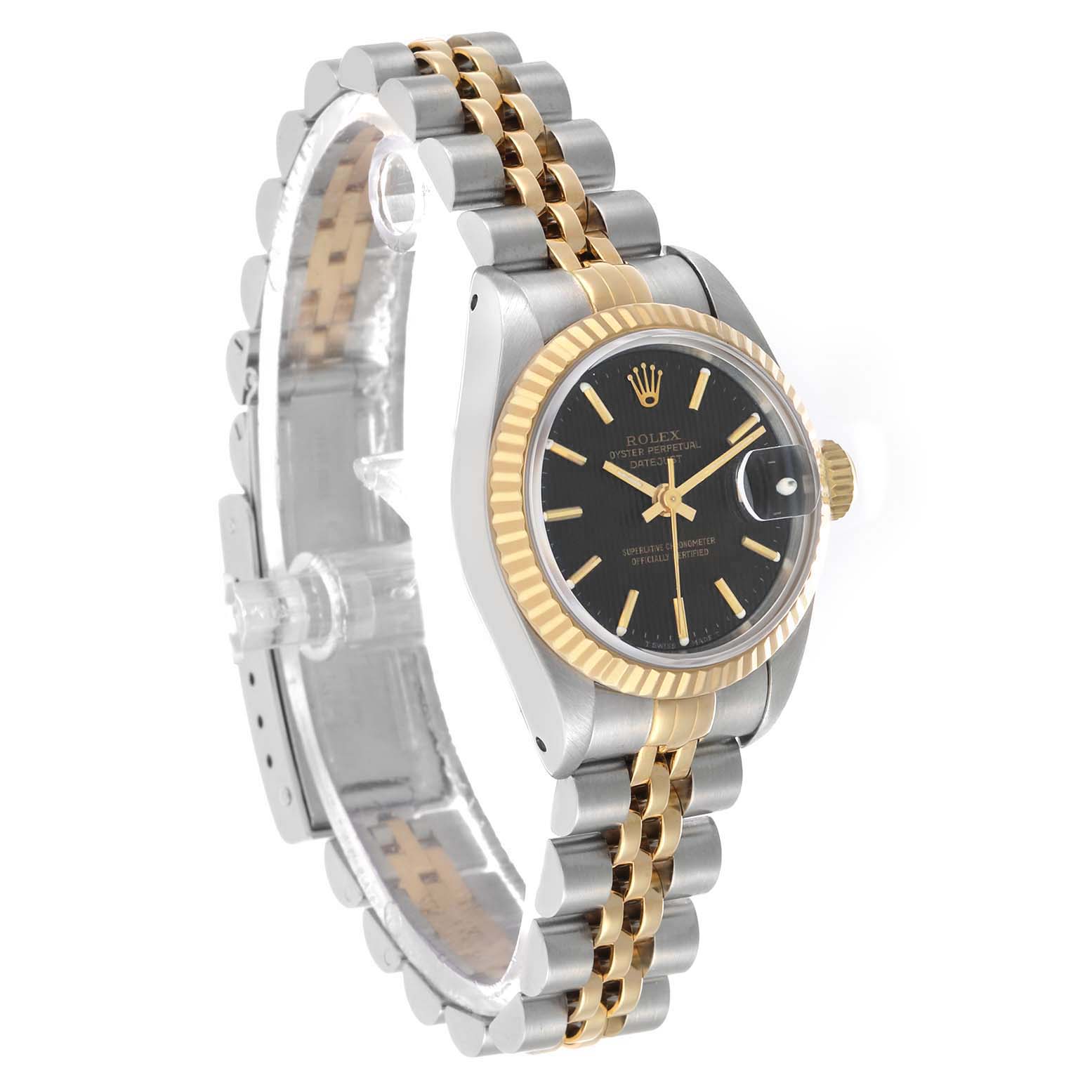 The Rolex Datejust 69173 Women's Steel and Gold (two tone) Black Dial watch is shown at a side angle, highlighting its face, bezel, and two-tone bracelet.