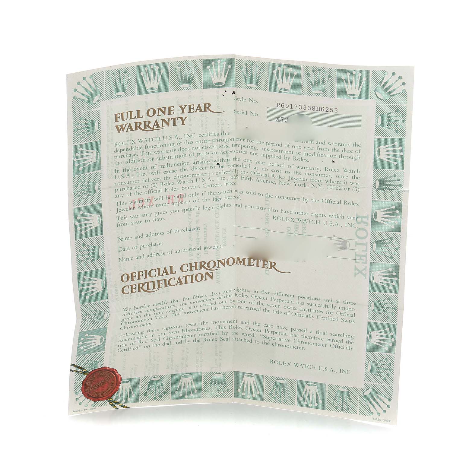 The image shows a warranty and chronometer certification paper for a Rolex Datejust 69173 Women's Steel and Gold (two tone) Black Dial.