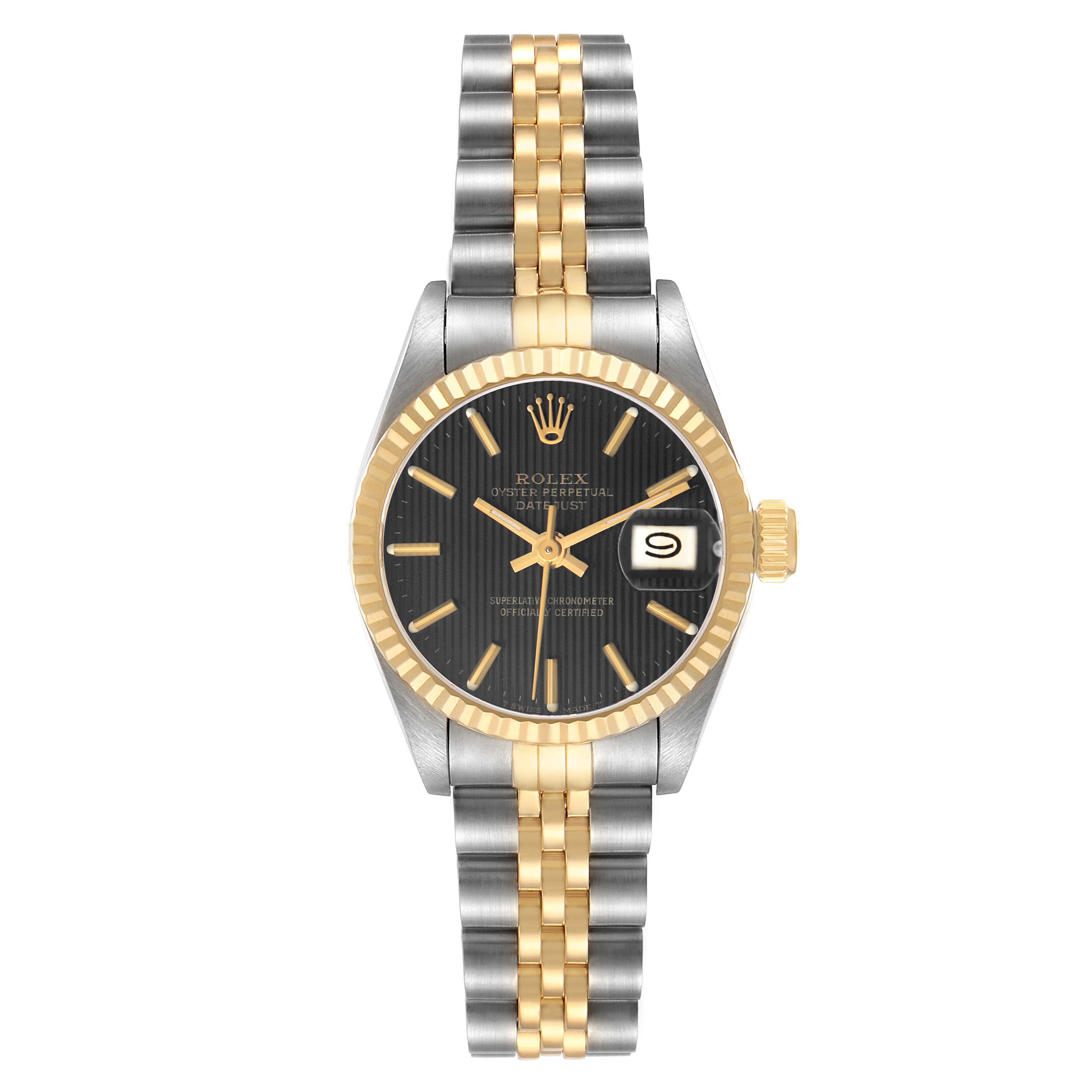 The Rolex Datejust 69173 Women's Steel and Gold (two tone) Black Dial watch is shown from a top-down angle, highlighting the dial, bezel, crown, and bracelet.