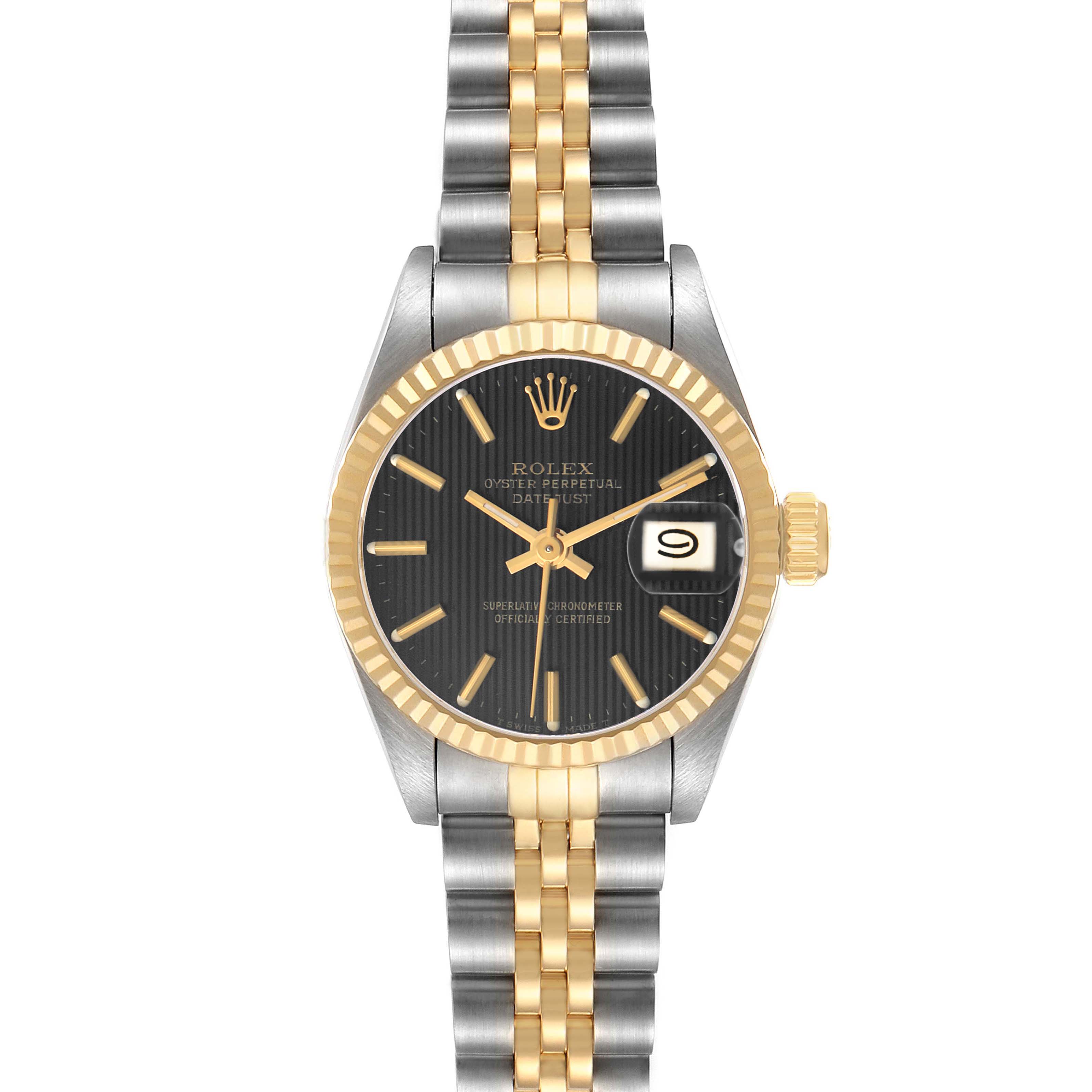 The Rolex Datejust 69173 Women's Steel and Gold (two tone) Black Dial watch is shown from a top-down angle featuring the dial, bezel, and two-tone bracelet.