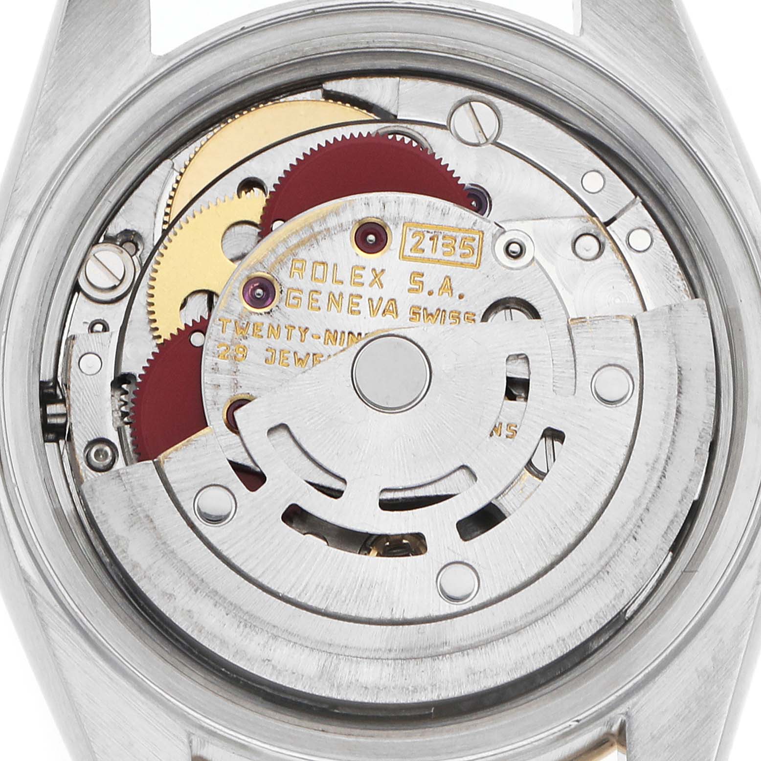 The image shows the back view of a Rolex Datejust 69173 Women's Steel and Gold (two tone) Black Dial, highlighting its intricate movement components.