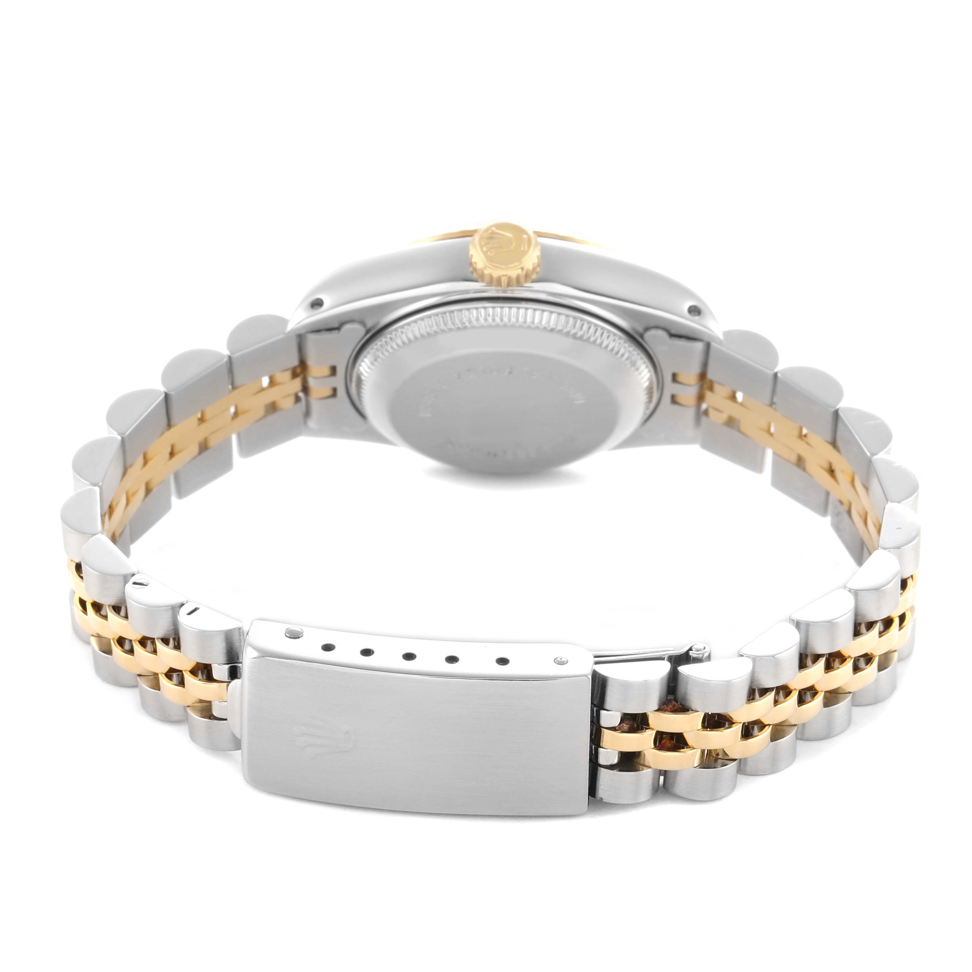 The image shows the back of a Rolex Datejust 69173 Women's Steel and Gold (two tone) Black Dial watch, highlighting the clasp, bracelet, and case back.