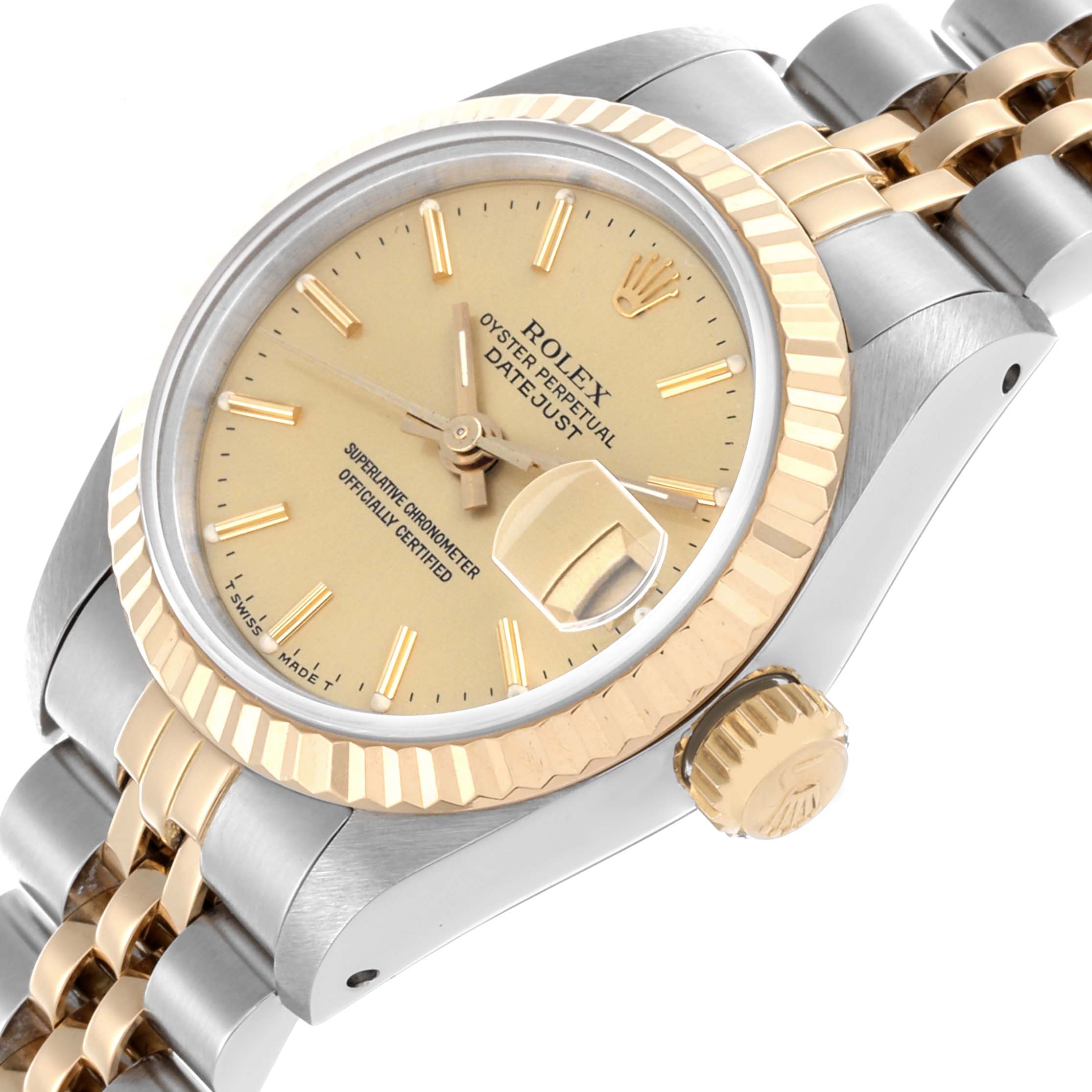 The Rolex Datejust 69173 Women's Steel and Gold (two tone) Champagne Dial 69173 Women's Steel and Gold (two tone) Champagne Dial is shown in a close-up angle, highlighting its gold bezel, dial, crown, and two-tone bracelet.