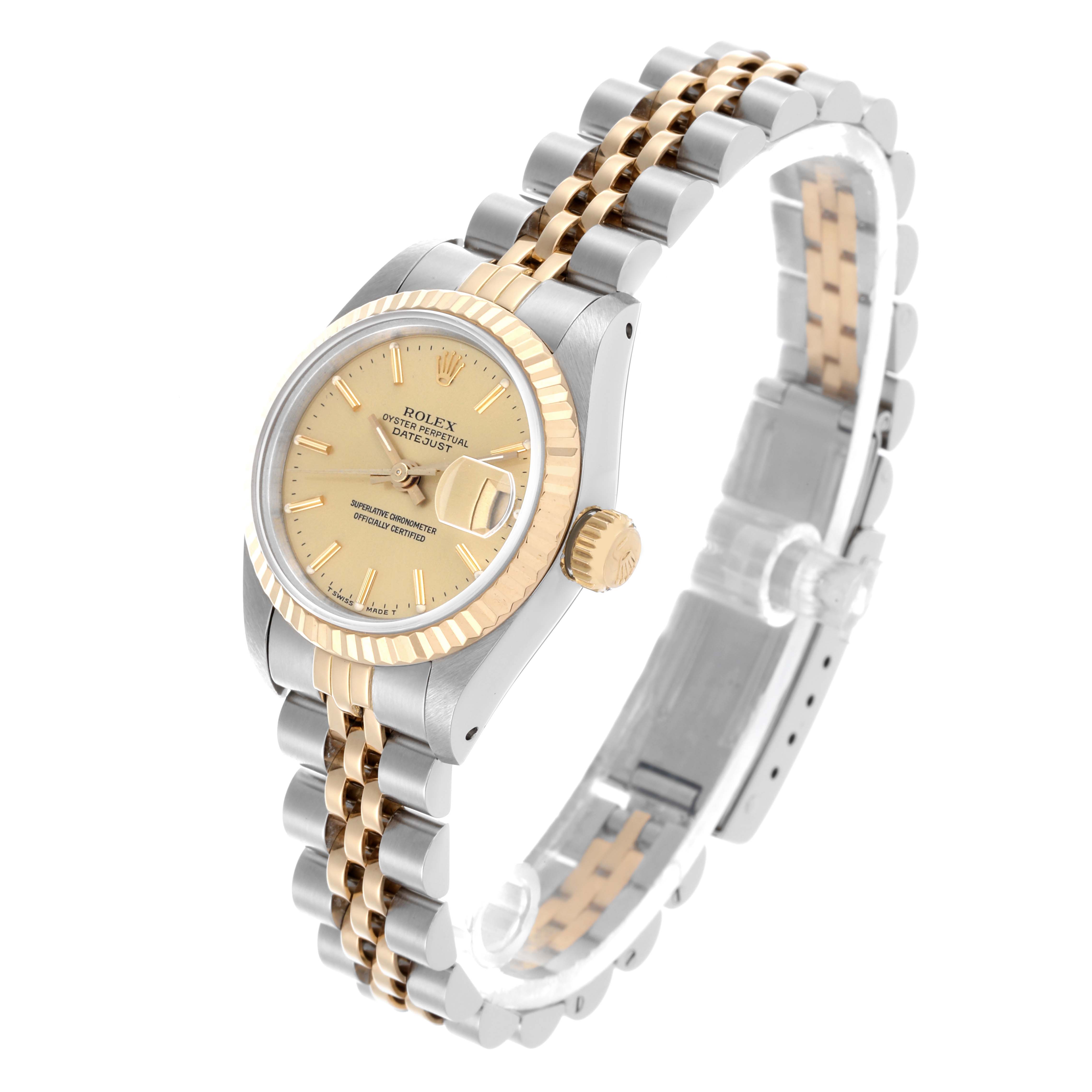 The Rolex Datejust 69173 Women's Steel and Gold (two tone) Champagne Dial 69173 Women's Steel and Gold (two tone) Champagne Dial watch is shown at an elevated angle, displaying the face, crown, and two-tone bracelet.