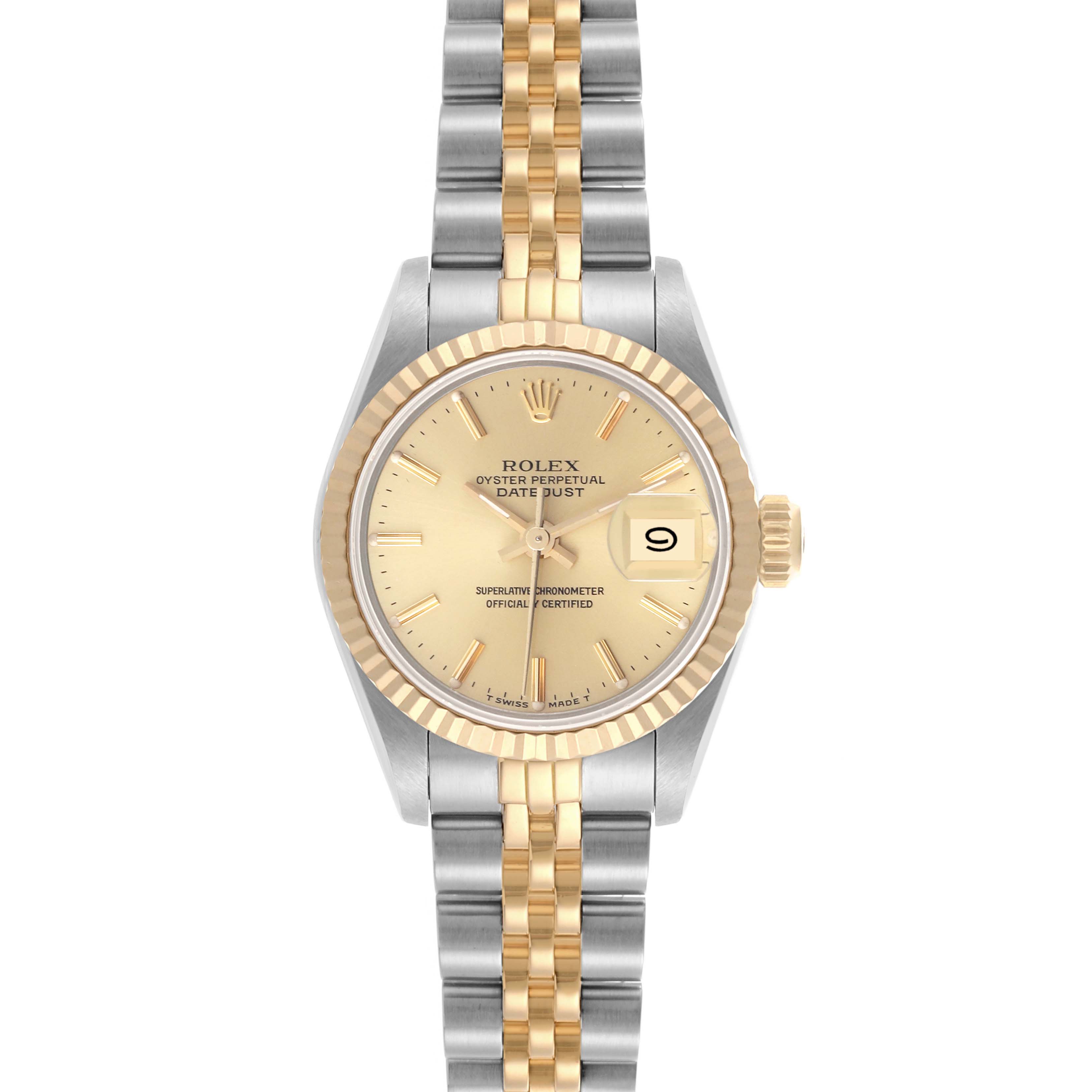 The Rolex Datejust 69173 Women's Steel and Gold (two tone) Champagne Dial 69173 Women's Steel and Gold (two tone) Champagne Dial watch is shown from the front, displaying the dial, crown, and full bracelet.