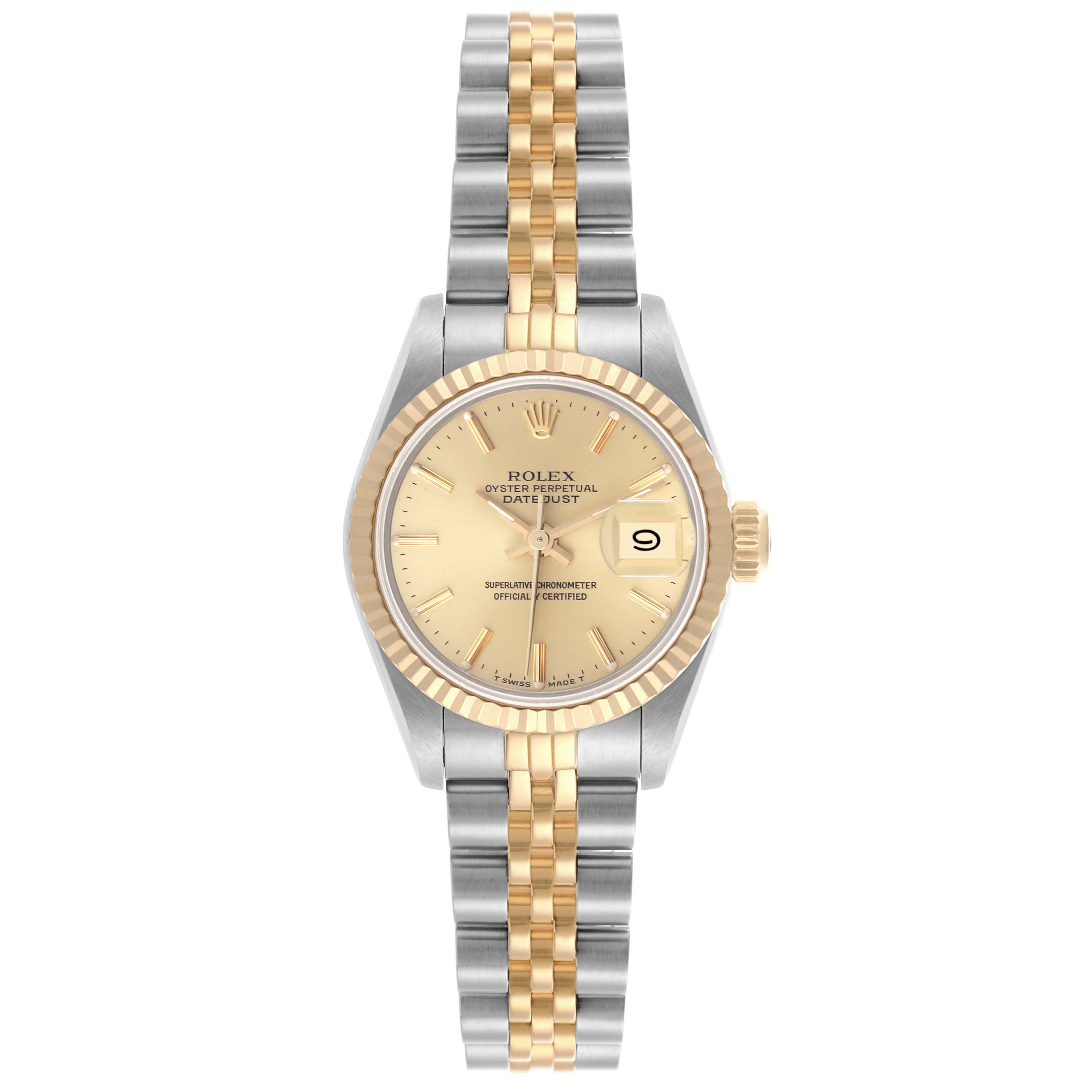 The Rolex Datejust 69173 Women's Steel and Gold (two tone) Champagne Dial 69173 Women's Steel and Gold (two tone) Champagne Dial watch is shown from a front angle, displaying its face, bezel, and bracelet.