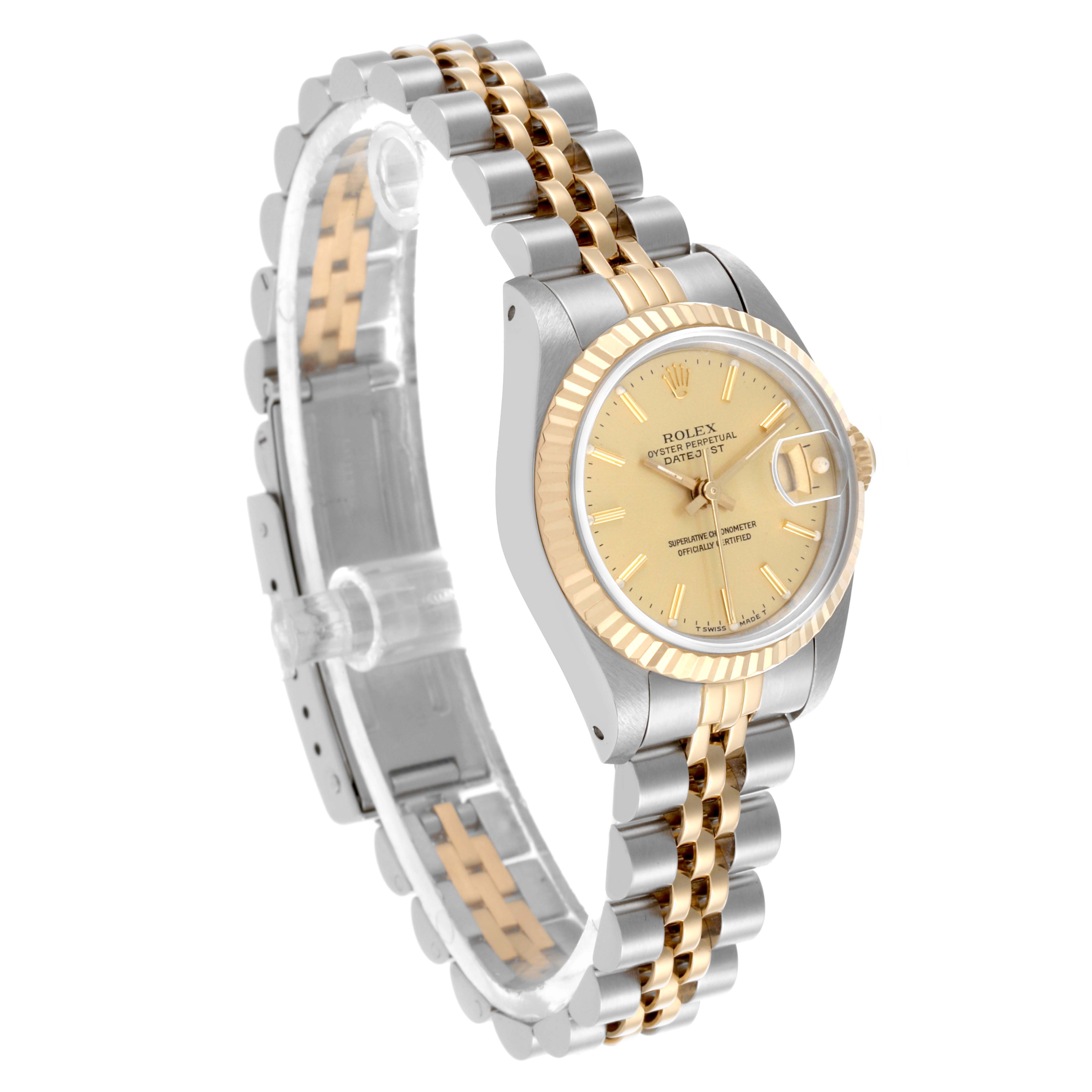 The Rolex Datejust 69173 Women's Steel and Gold (two tone) Champagne Dial 69173 Women's Steel and Gold (two tone) Champagne Dial watch is shown at a three-quarter angle, displaying the dial, bezel, and jubilee bracelet.