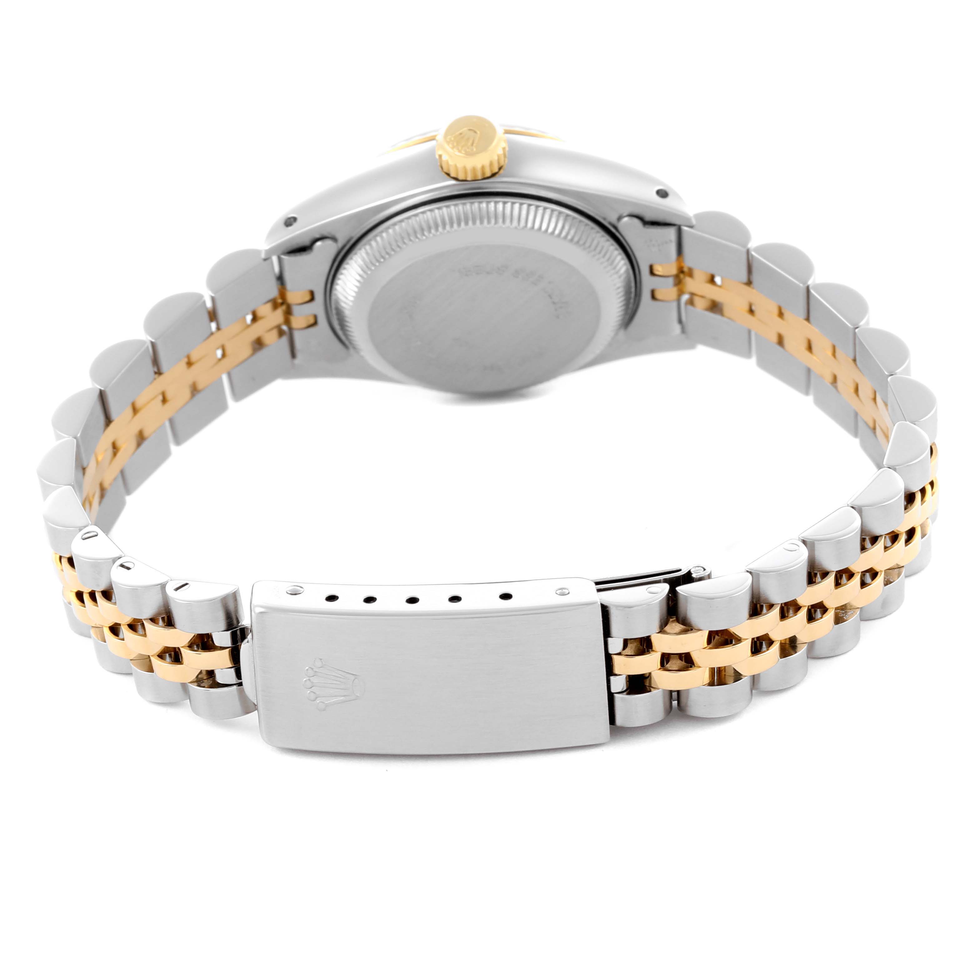 The image shows the back of a Rolex Datejust 69173 Women's Steel and Gold (two tone) Champagne Dial 69173 Women's Steel and Gold (two tone) Champagne Dial watch, highlighting the clasp and two-tone bracelet.