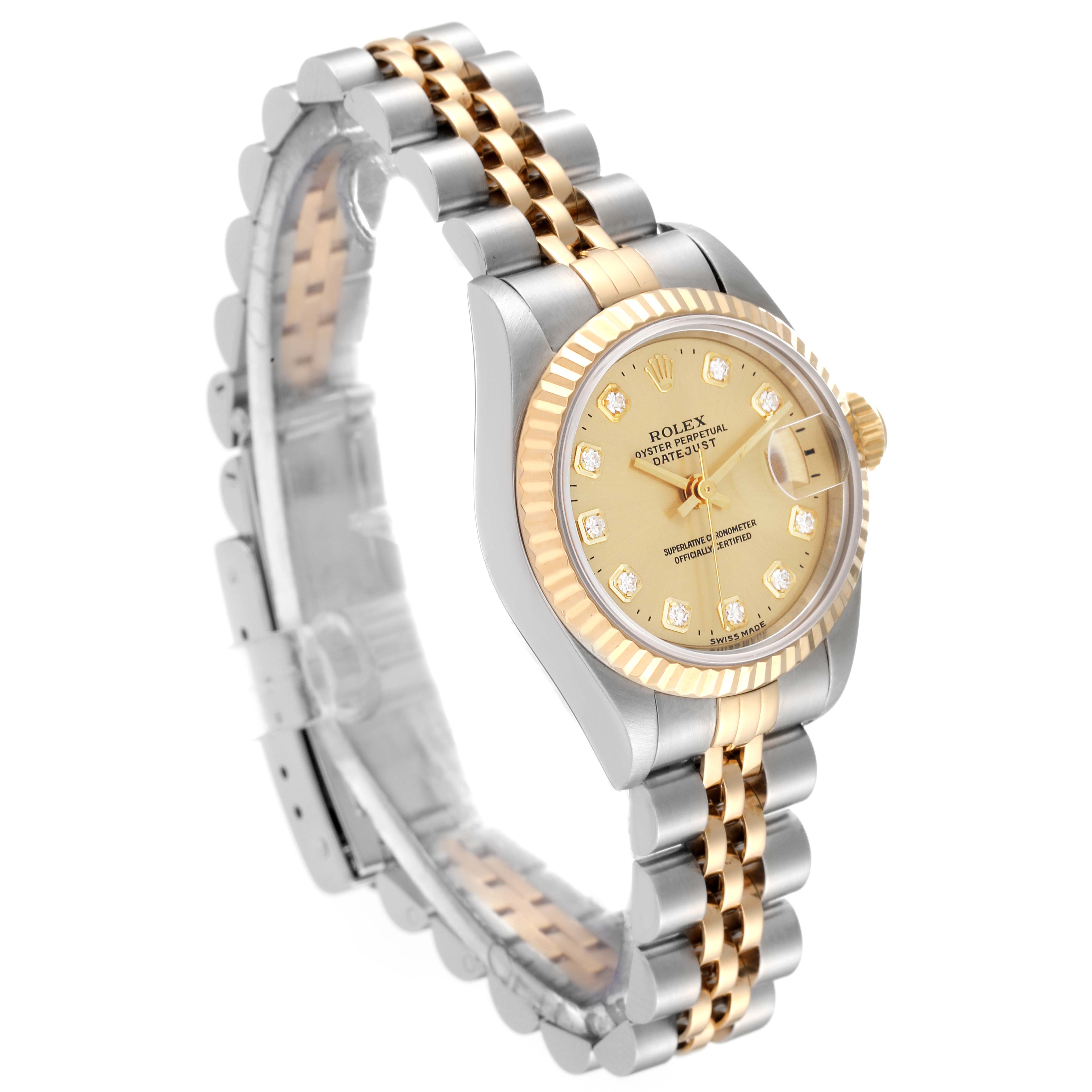 The image shows a Rolex Datejust 69173 Women's Steel and Gold (two tone) Champagne Dial 69173 Women's Steel and Gold (two tone) Champagne Dial watch at a three-quarter view, displaying the face, bezel, and Jubilee bracelet.