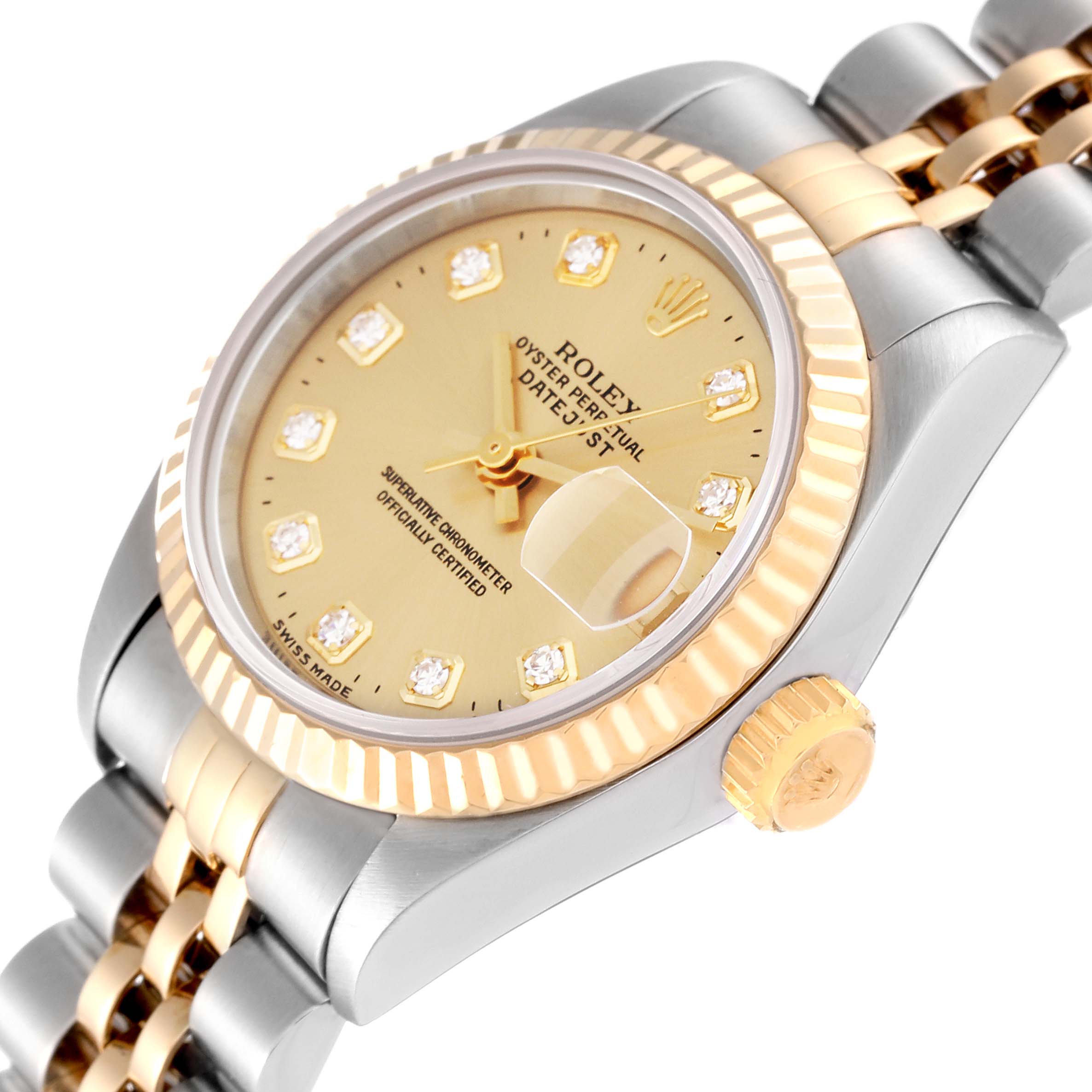 This image shows a side angle of a Rolex Datejust 69173 Women's Steel and Gold (two tone) Champagne Dial 69173 Women's Steel and Gold (two tone) Champagne Dial watch, highlighting its gold bezel, crown, and jubilee bracelet.