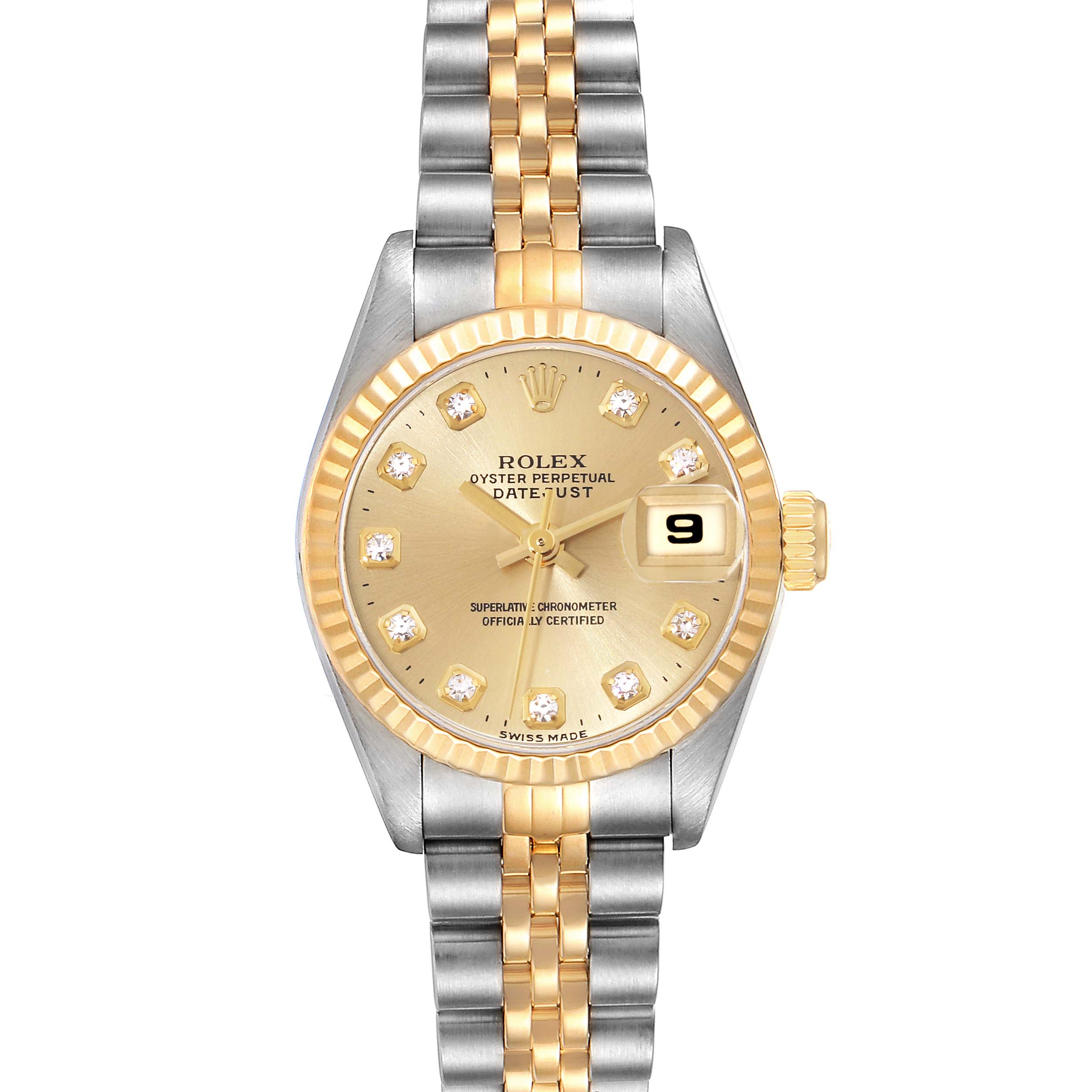 The image shows a front view of the Rolex Datejust 69173 Women's Steel and Gold (two tone) Champagne Dial 69173 Women's Steel and Gold (two tone) Champagne Dial watch, displaying its dial, bezel, and two-tone bracelet.