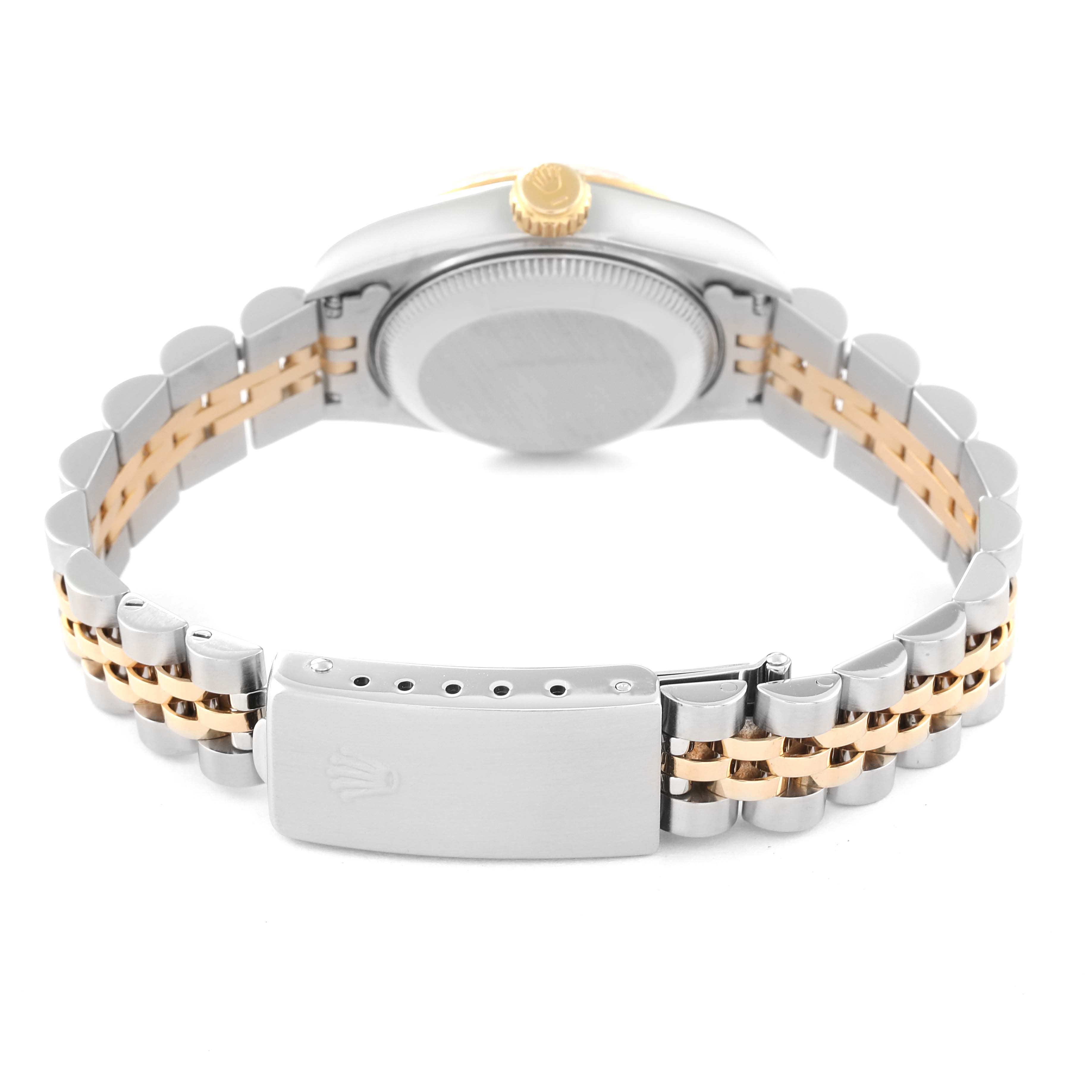 This image shows the back angle of a Rolex Datejust 69173 Women's Steel and Gold (two tone) Champagne Dial 69173 Women's Steel and Gold (two tone) Champagne Dial, highlighting its bracelet, clasp, and case back.