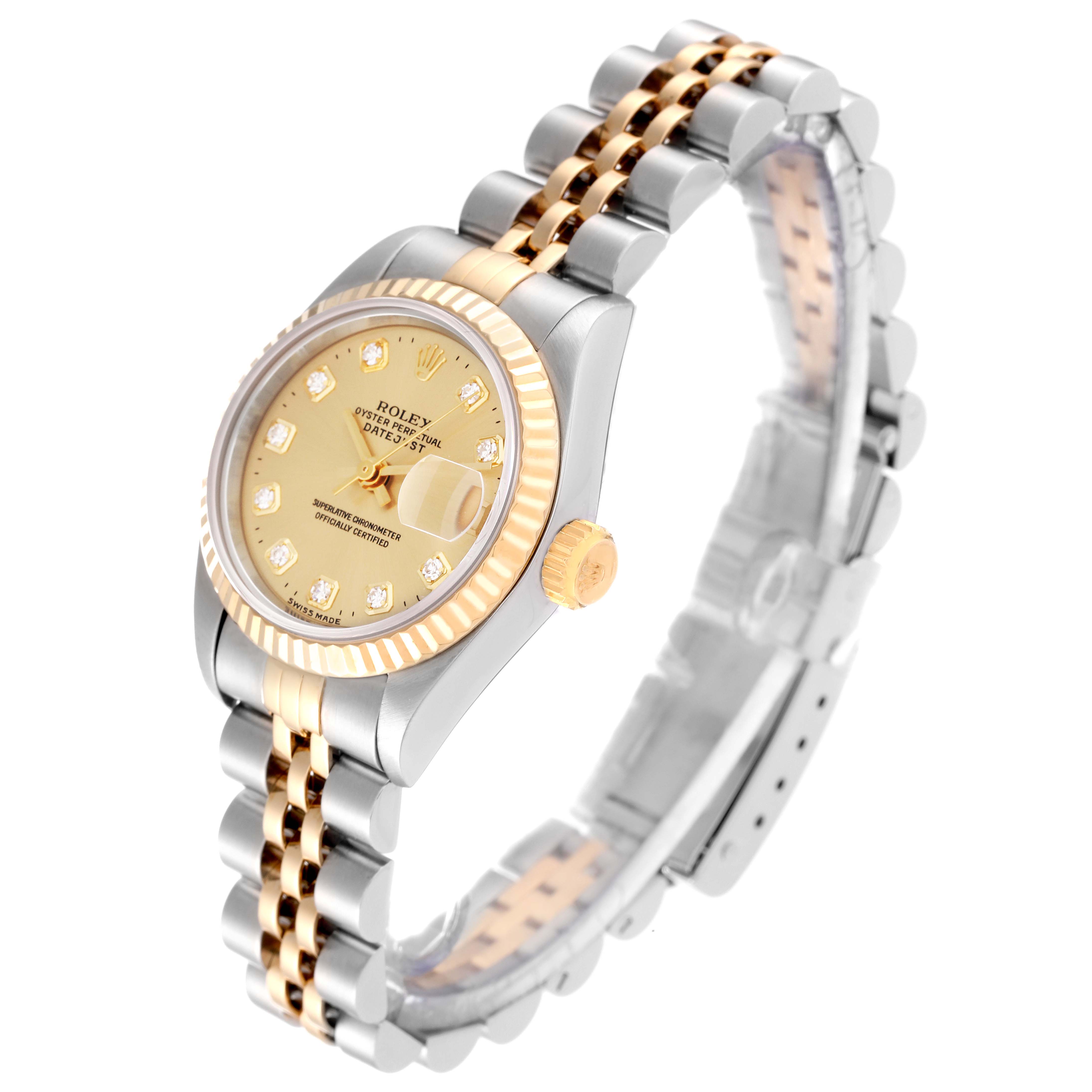 The image shows a Rolex Datejust 69173 Women's Steel and Gold (two tone) Champagne Dial 69173 Women's Steel and Gold (two tone) Champagne Dial watch at a slight angle, highlighting the dial, bezel, crown, and two-tone bracelet.