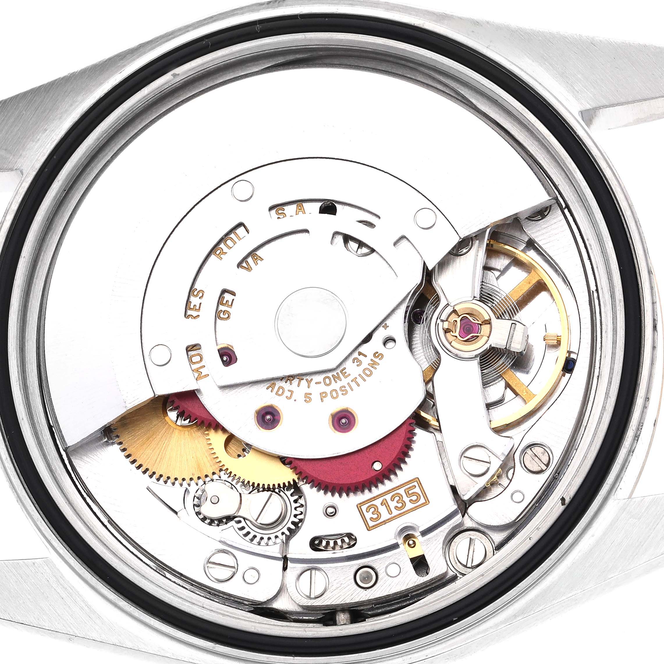 The image shows the inner mechanical movement of a Rolex Datejust 16233 Men's Steel and Gold (two tone) Champagne Dial 16233 Men's Steel and Gold (two tone) Champagne Dial watch from the back.