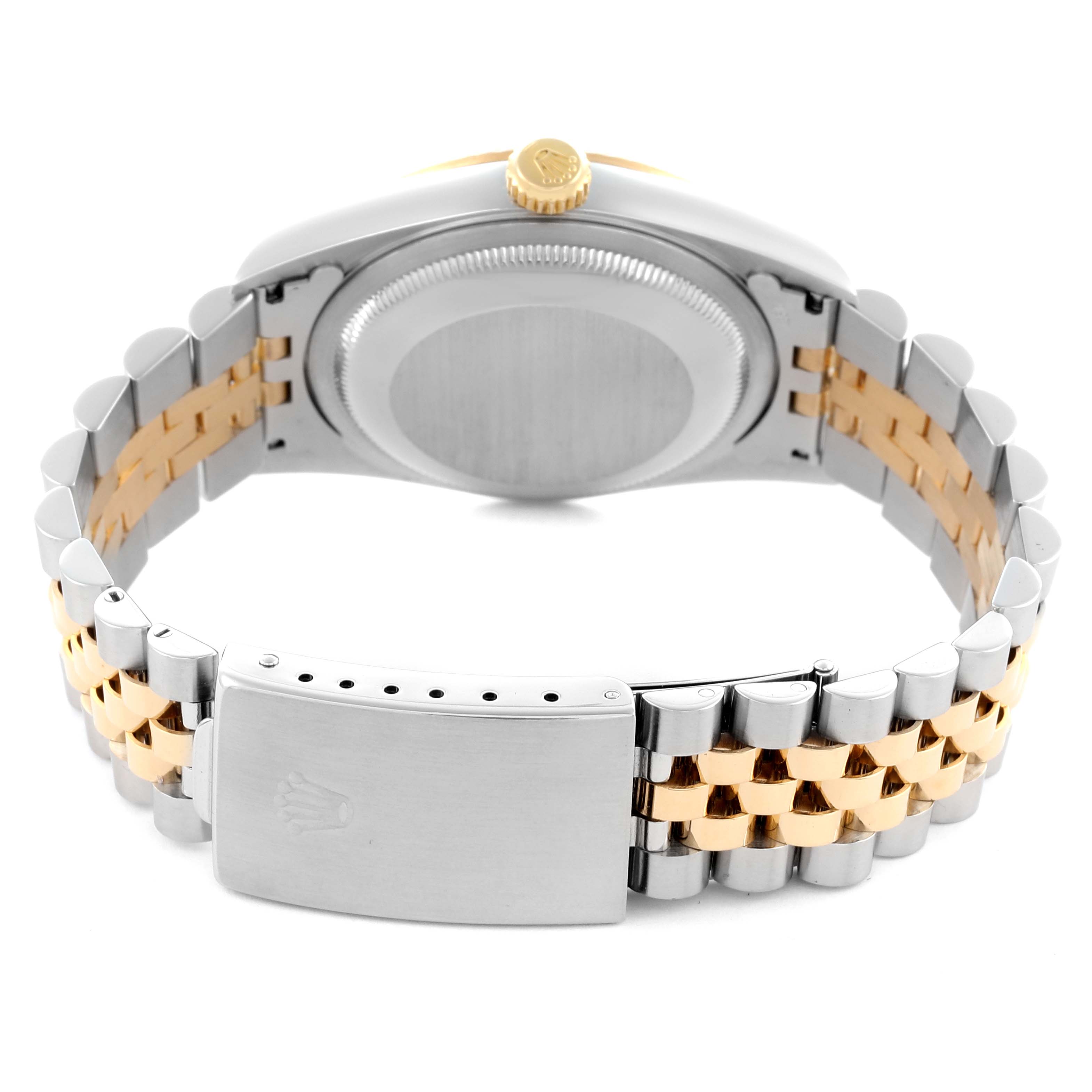 The image shows the back of a Rolex Datejust 16233 Men's Steel and Gold (two tone) Champagne Dial 16233 Men's Steel and Gold (two tone) Champagne Dial with a view of the case, crown, and two-tone bracelet clasp.