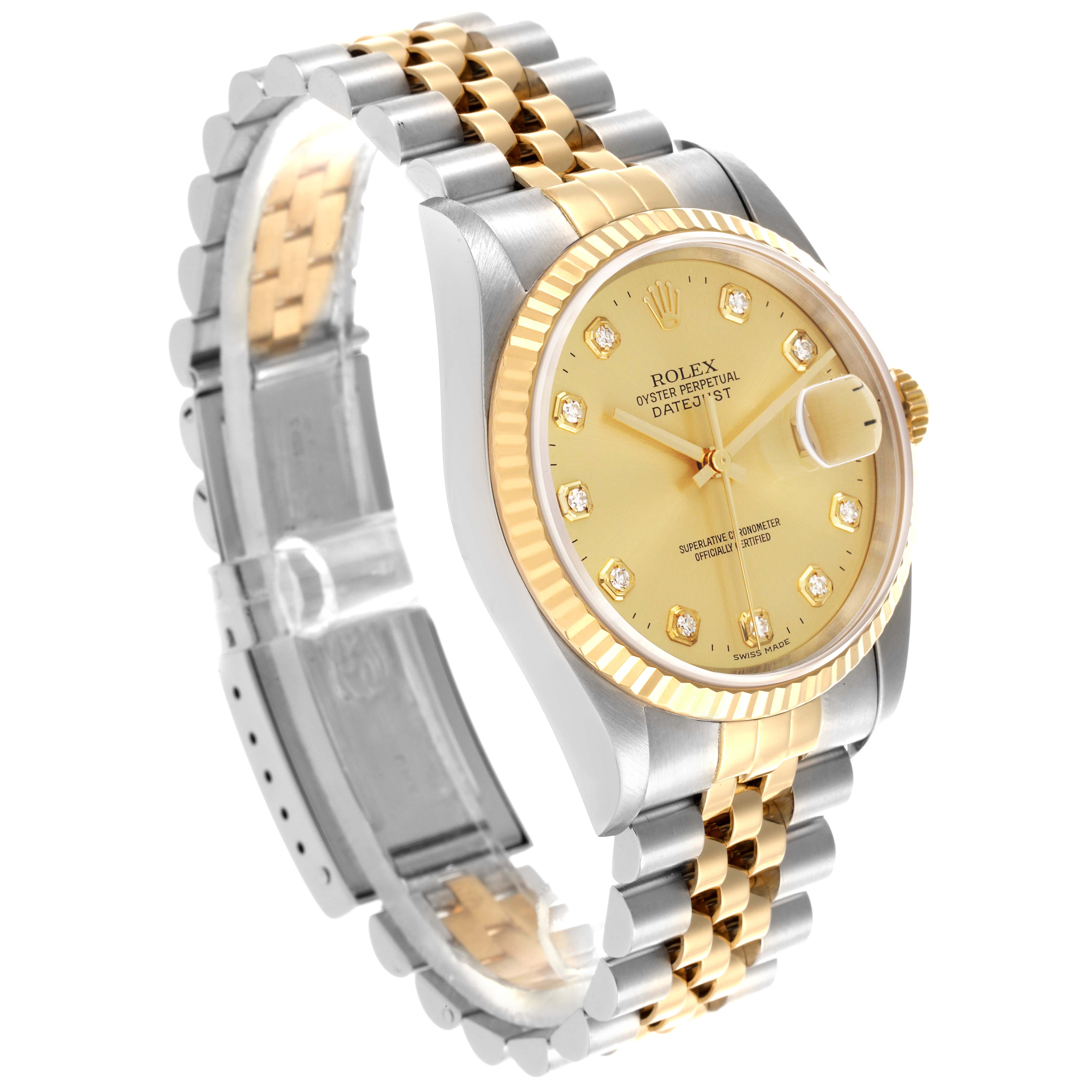 The Rolex Datejust 16233 Men's Steel and Gold (two tone) Champagne Dial 16233 Men's Steel and Gold (two tone) Champagne Dial is shown at an angle displaying the face, bezel, crown, and part of the two-tone bracelet.