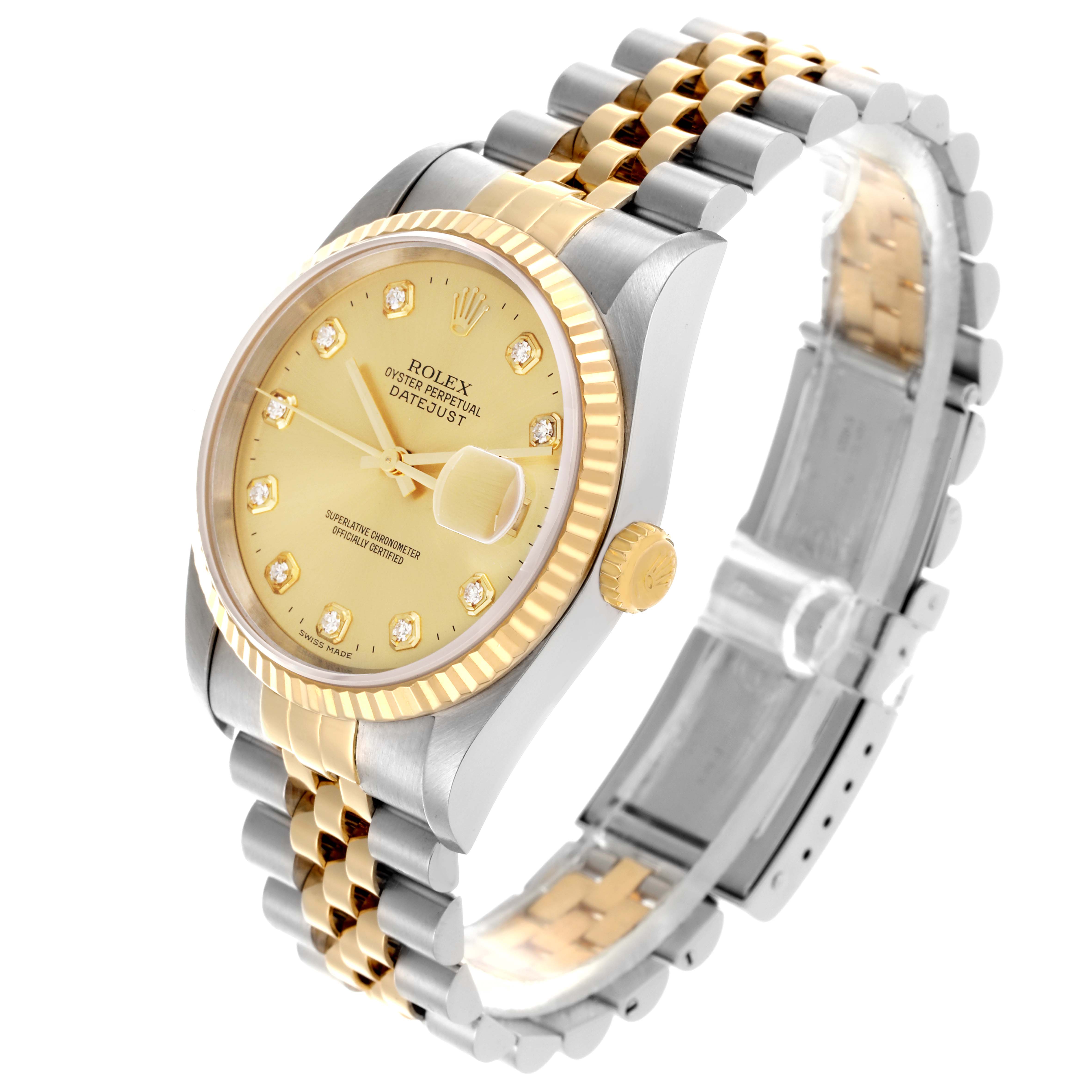 The Rolex Datejust 16233 Men's Steel and Gold (two tone) Champagne Dial 16233 Men's Steel and Gold (two tone) Champagne Dial watch is shown from a side angle, highlighting the dial, bezel, crown, and jubilee bracelet.