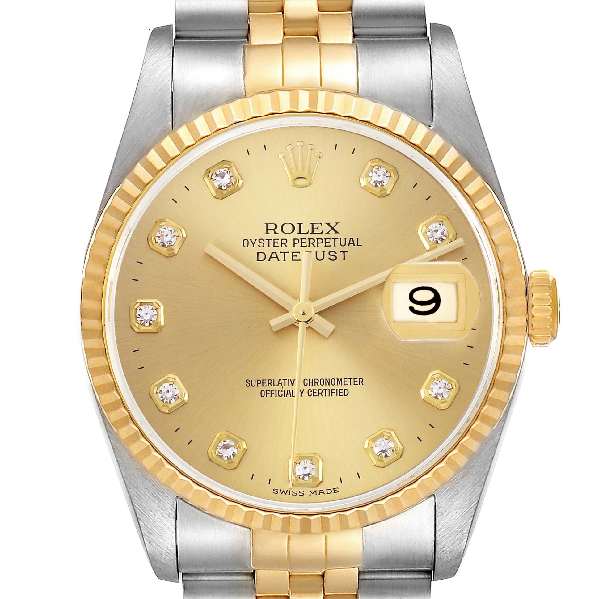 The Rolex Datejust 16233 Men's Steel and Gold (two tone) Champagne Dial 16233 Men's Steel and Gold (two tone) Champagne Dial watch is shown from the front, displaying the dial, bezel, and bracelet.