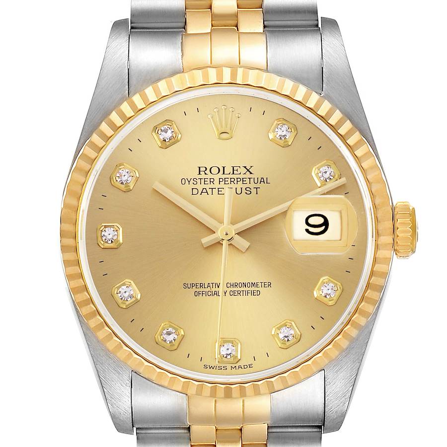 The Rolex Datejust watch is shown from the front, displaying the dial, bezel, and bracelet.