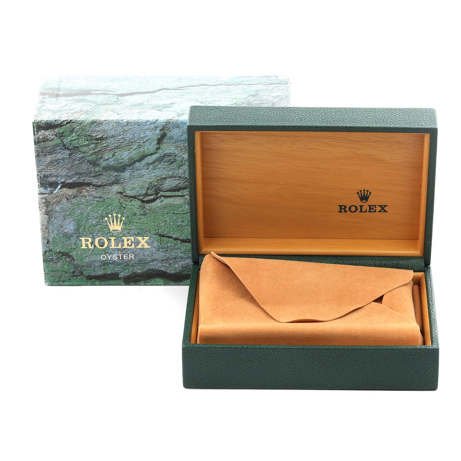 The image shows a Rolex Datejust 16233 Men's Steel and Gold (two tone) Champagne Dial 16233 Men's Steel and Gold (two tone) Champagne Dial box and case with an open green, textured top and inner wood finish.