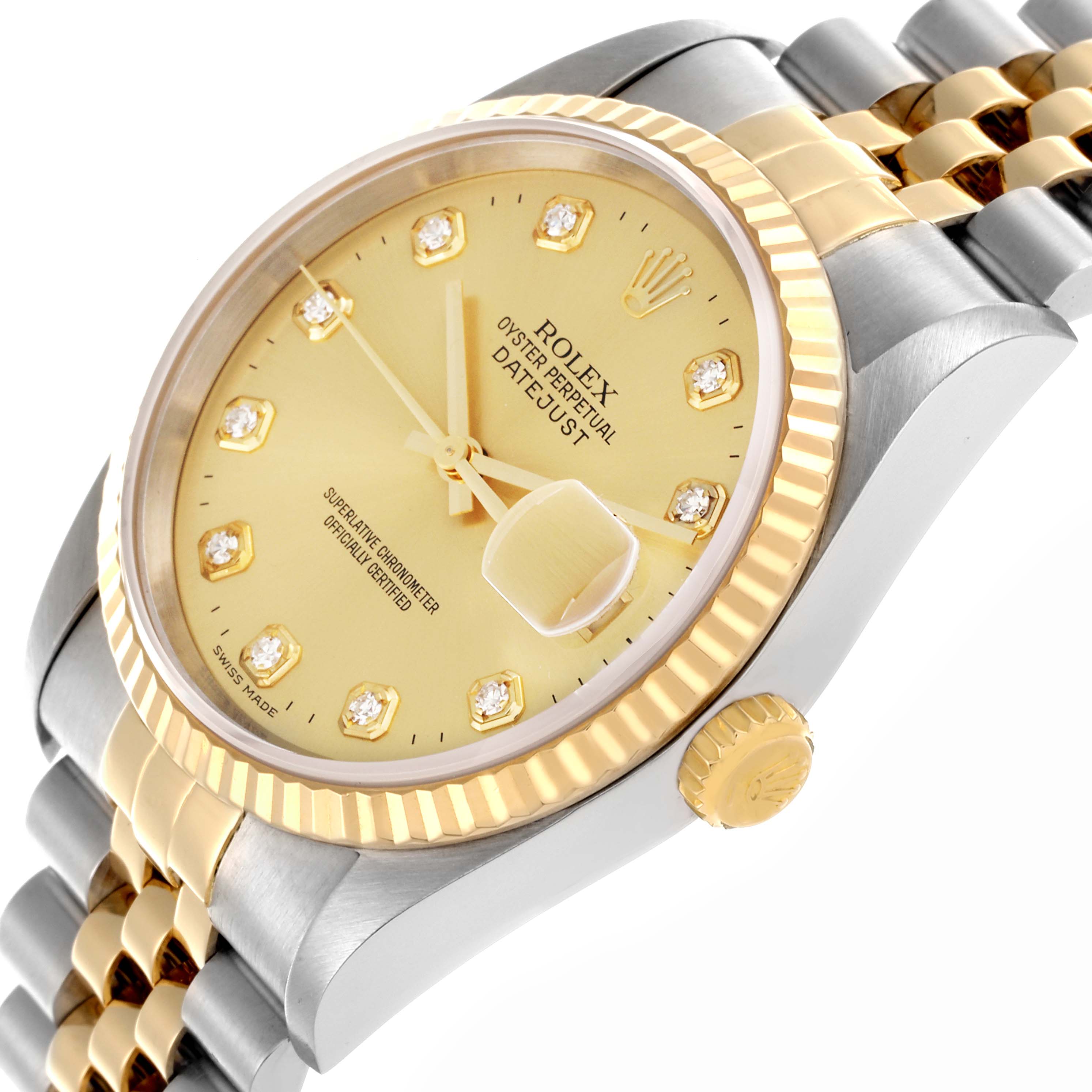 The Rolex Datejust 16233 Men's Steel and Gold (two tone) Champagne Dial 16233 Men's Steel and Gold (two tone) Champagne Dial watch is shown at a three-quarter angle, highlighting its face, bezel, crown, and bracelet.