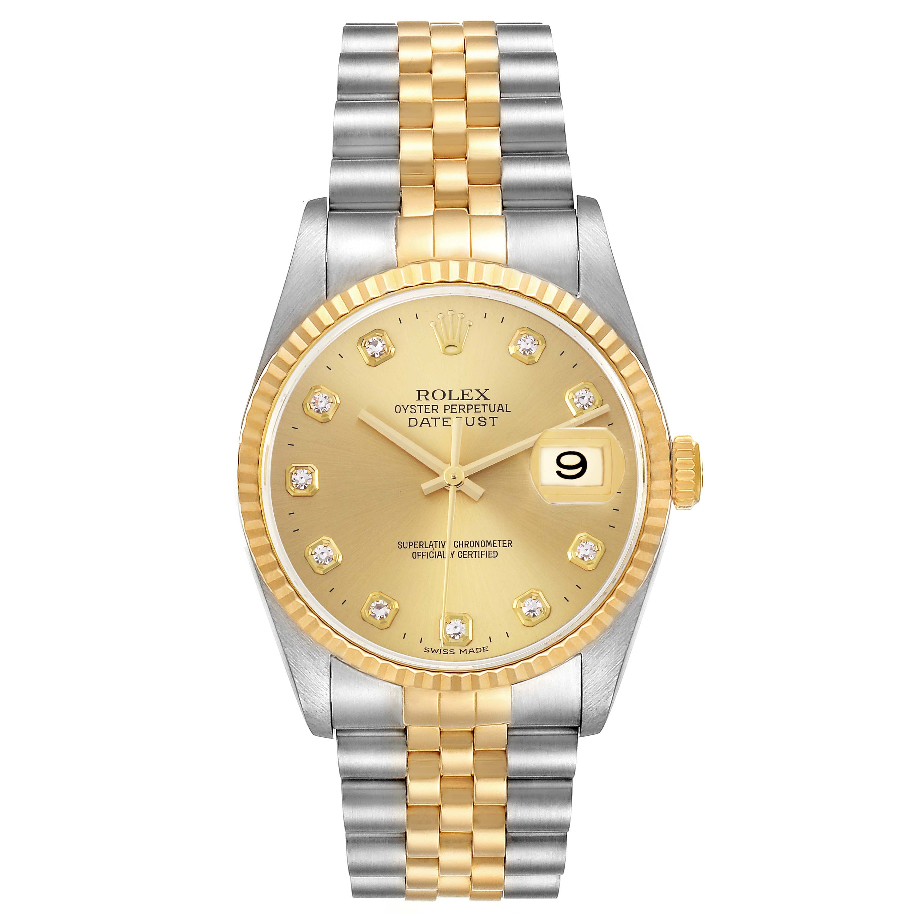 The Rolex Datejust 16233 Men's Steel and Gold (two tone) Champagne Dial 16233 Men's Steel and Gold (two tone) Champagne Dial watch is shown from a front angle, displaying the face, bezel, and bracelet.