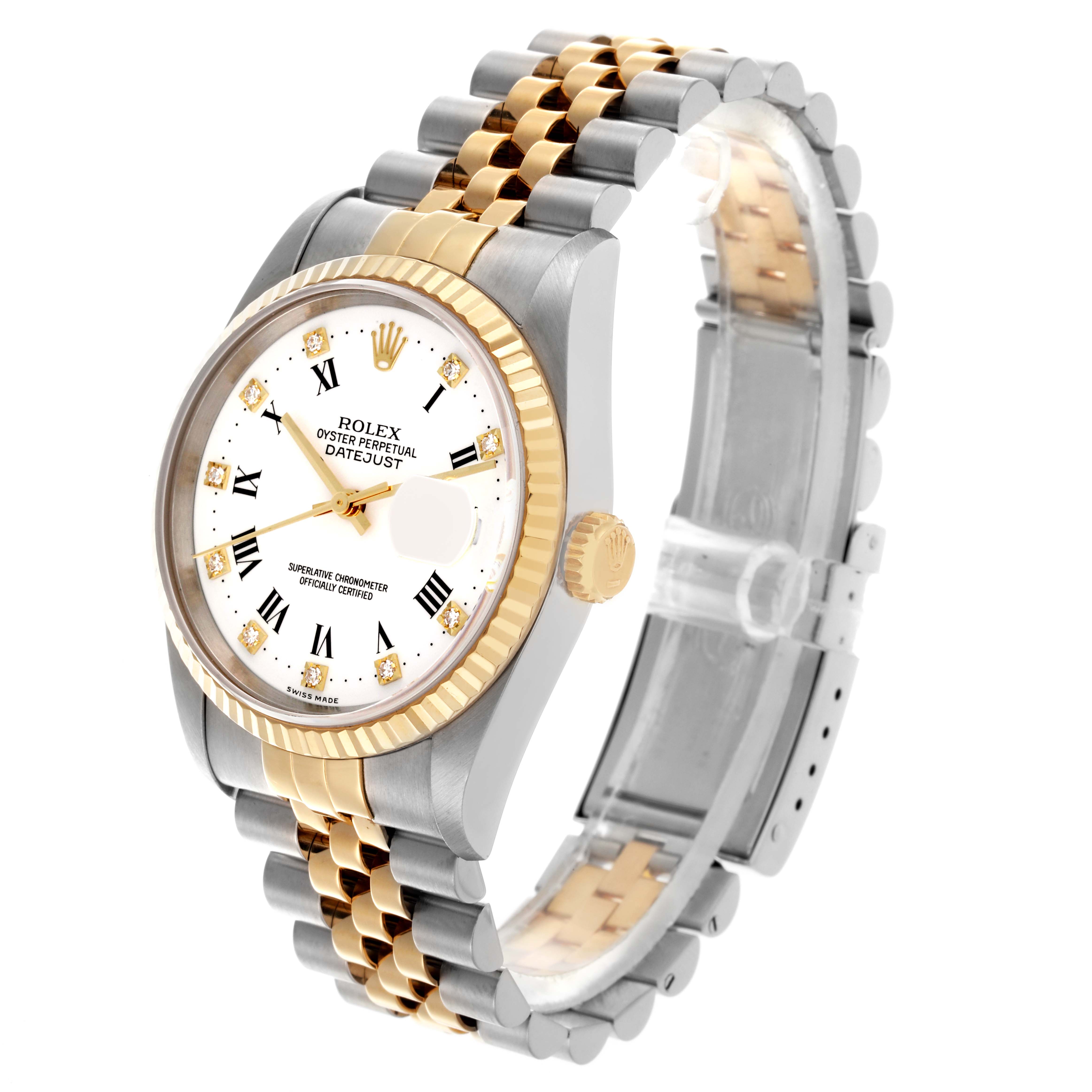The Rolex Datejust 16233 Men's Steel and Gold (two tone) White Dial 16233 Men's Steel and Gold (two tone) White Dial watch is shown at an angle displaying the face, bezel, side view, and bracelet.