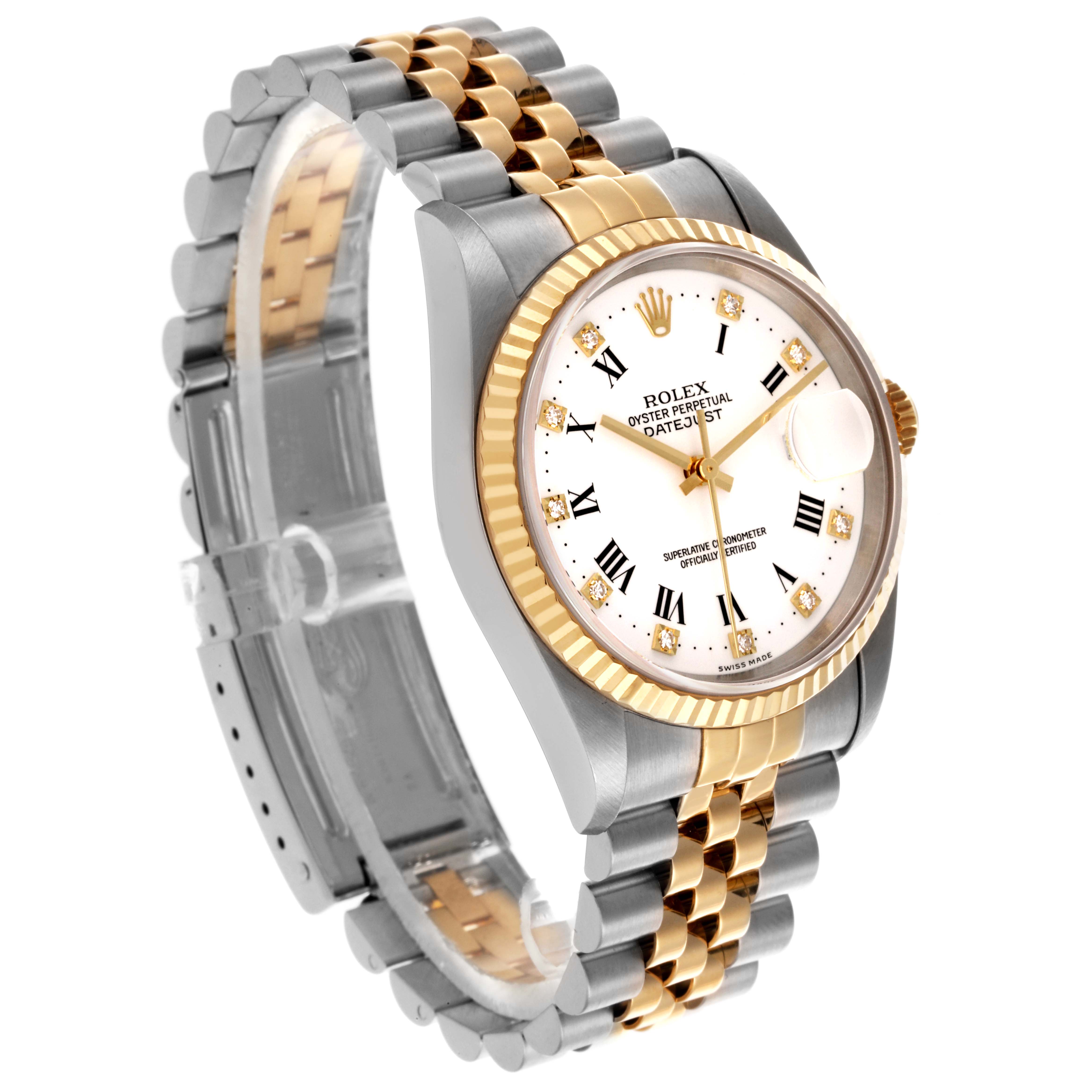The Rolex Datejust 16233 Men's Steel and Gold (two tone) White Dial 16233 Men's Steel and Gold (two tone) White Dial watch is shown at an angled side view, displaying the face, bezel, and part of the bracelet.