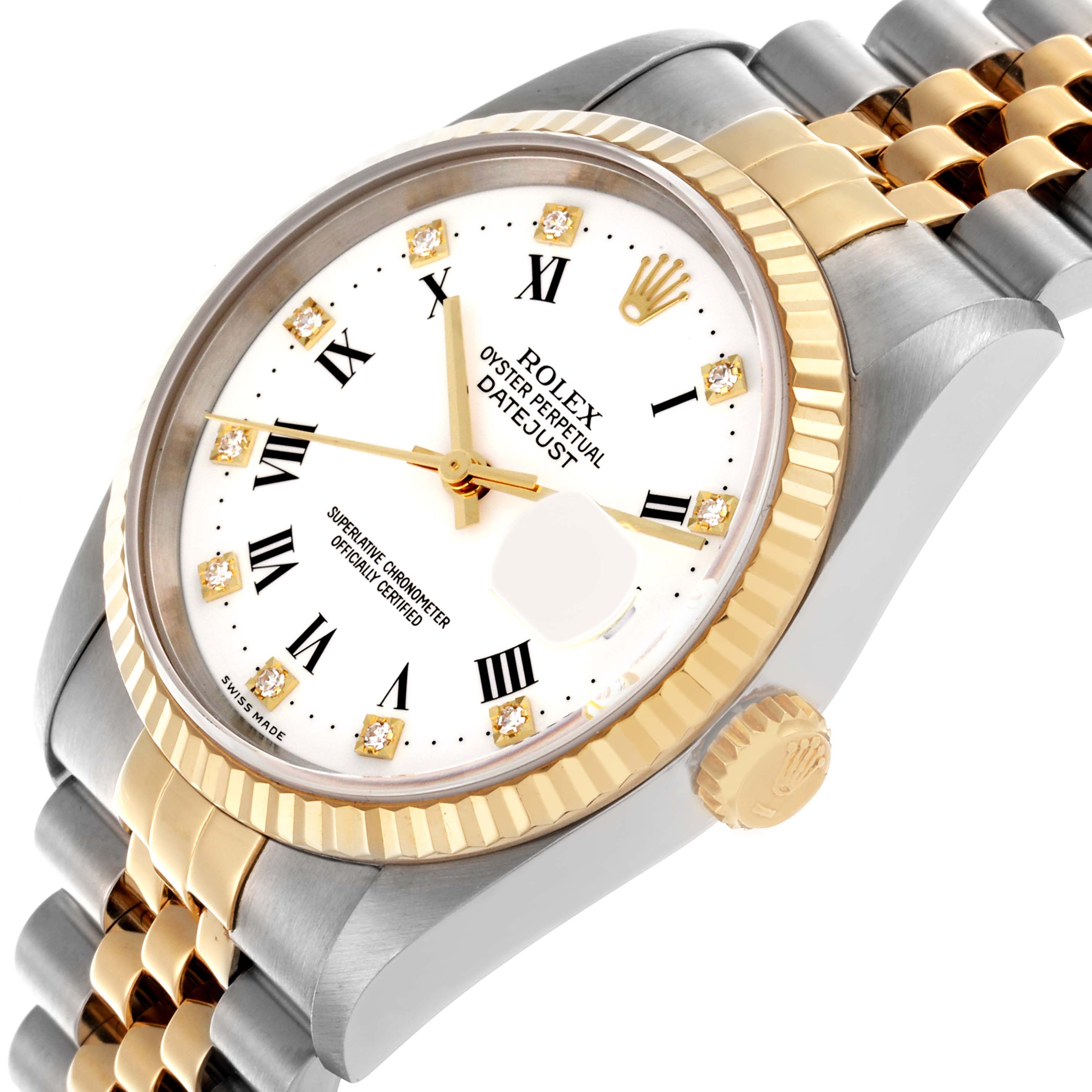 The Rolex Datejust 16233 Men's Steel and Gold (two tone) White Dial 16233 Men's Steel and Gold (two tone) White Dial watch is shown at an angle highlighting the face, bezel, and part of the bracelet.