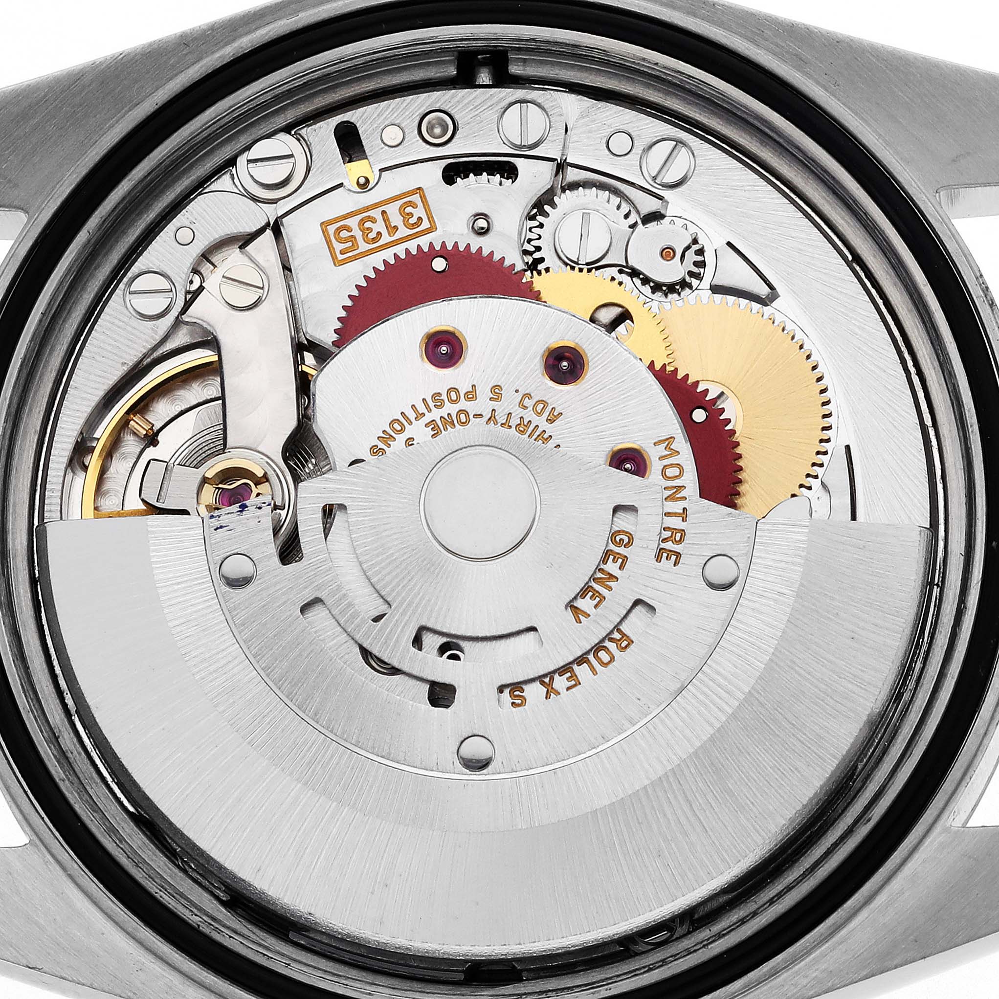 The image shows the back view of the Rolex Datejust 16233 Men's Steel and Gold (two tone) White Dial 16233 Men's Steel and Gold (two tone) White Dial watch, highlighting its movement and internal mechanisms.