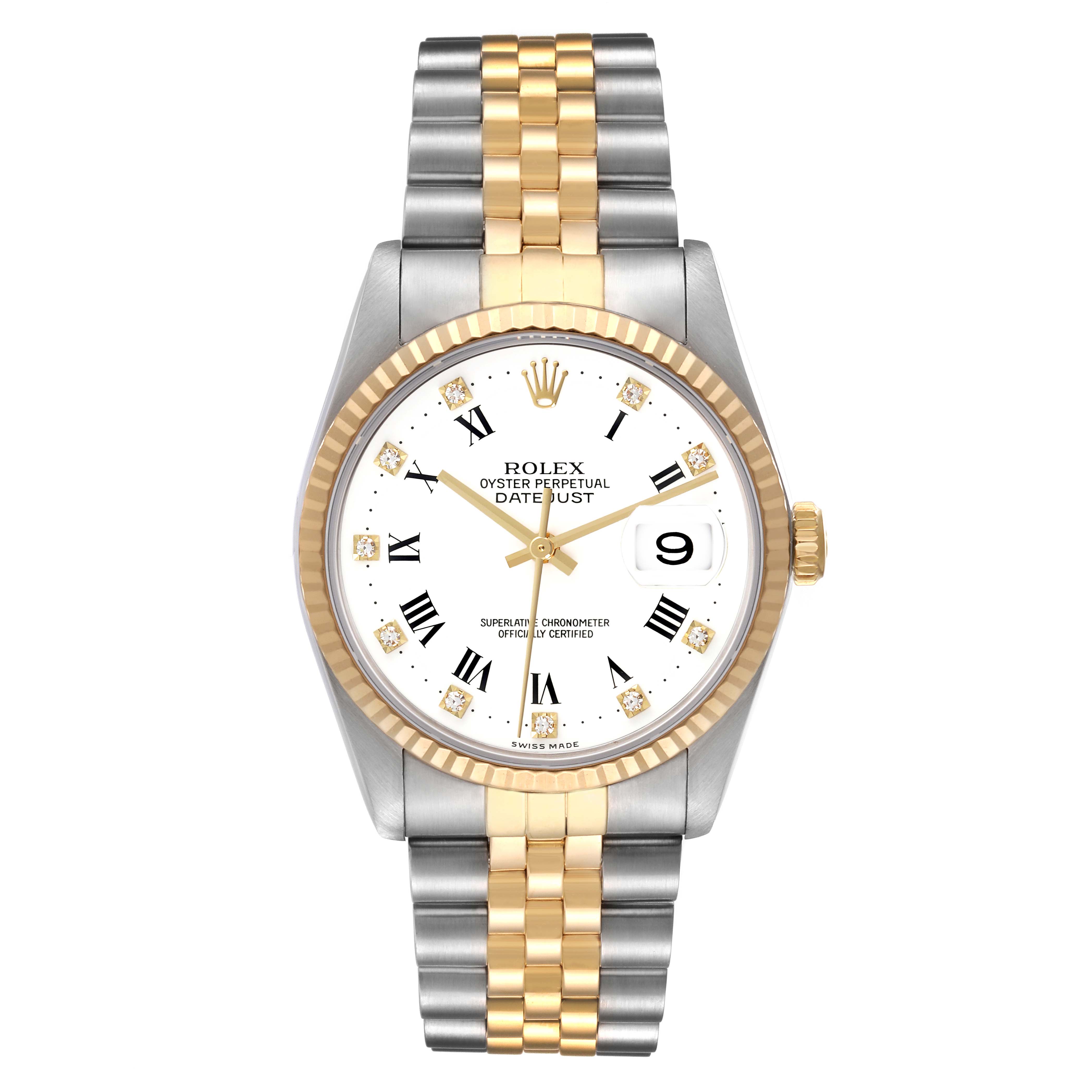 The Rolex Datejust 16233 Men's Steel and Gold (two tone) White Dial 16233 Men's Steel and Gold (two tone) White Dial watch is shown from a top view, highlighting its dial, bezel, and two-tone bracelet.