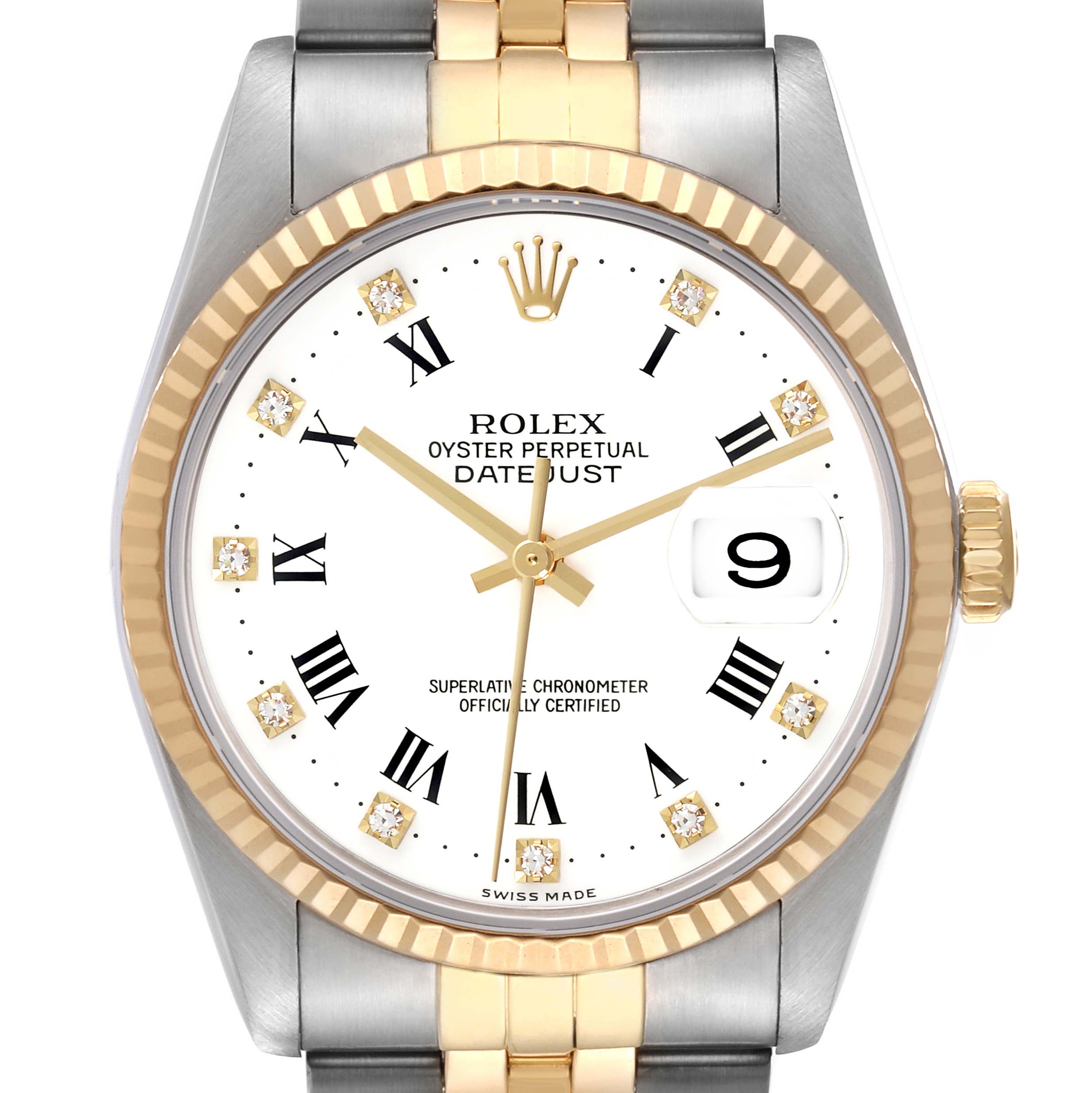 The Rolex Datejust 16233 Men's Steel and Gold (two tone) White Dial 16233 Men's Steel and Gold (two tone) White Dial watch is shown front-facing, highlighting the dial, bezel, and part of the bracelet.